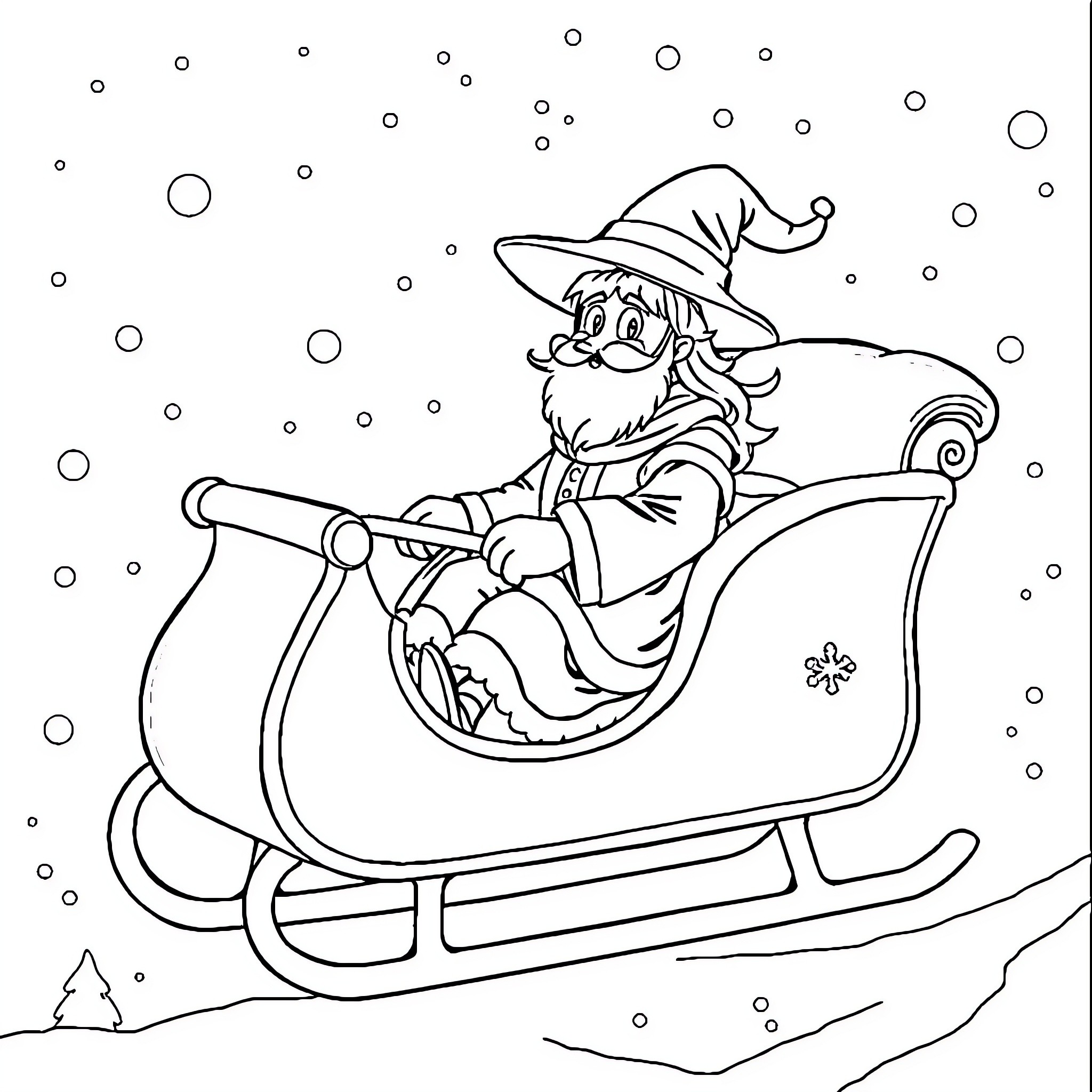 Witch riding a sleigh through the snowy night Coloring Page (free black-and-white line drawing printable PDF for all, from beginners to advanced learners, including children, teens, adults, and seniors)