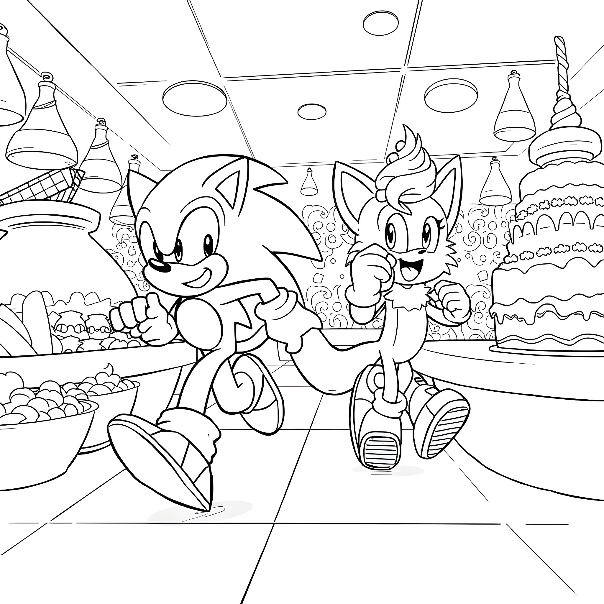 Sonic and Tails Explore a Vibrant, Whimsical World Coloring Page (free black-and-white line drawing printable PDF for all, from beginners to advanced learners, including children, teens, adults, and seniors)