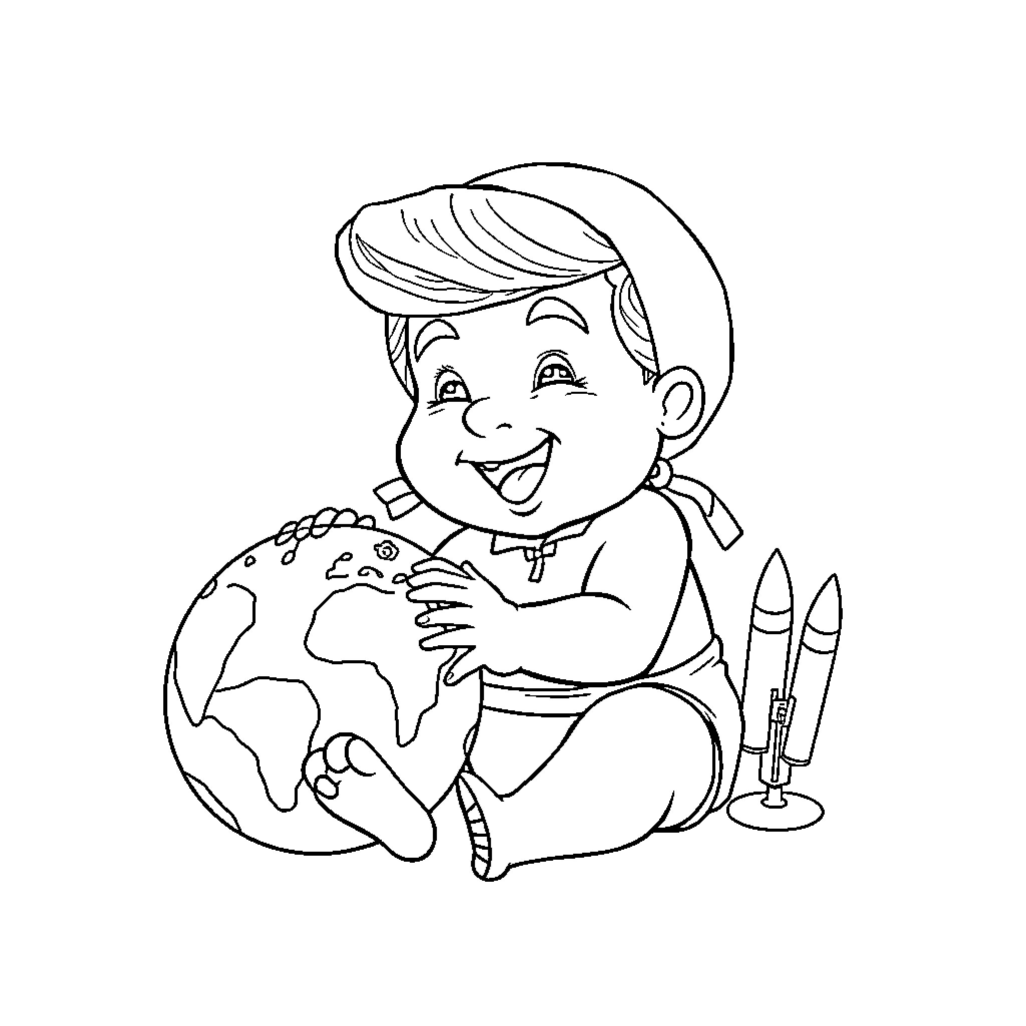 Donald Trump Embracing a World Globe as a Child Coloring Page (free black-and-white line drawing printable PDF for all, from beginners to advanced learners, including children, teens, adults, and seniors)