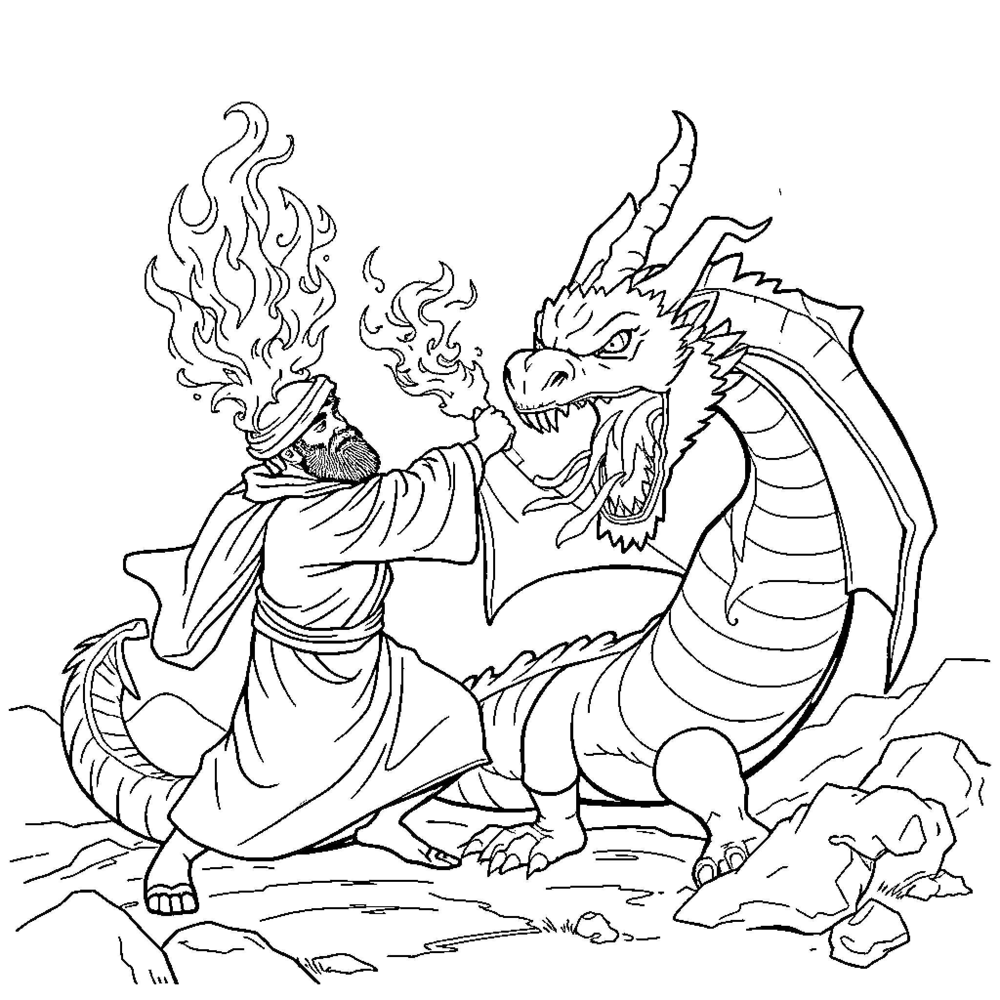 Mohammed Salah facing a fierce dragon in an epic battle Coloring Page (free black-and-white line drawing printable PDF for all, from beginners to advanced learners, including children, teens, adults, and seniors)