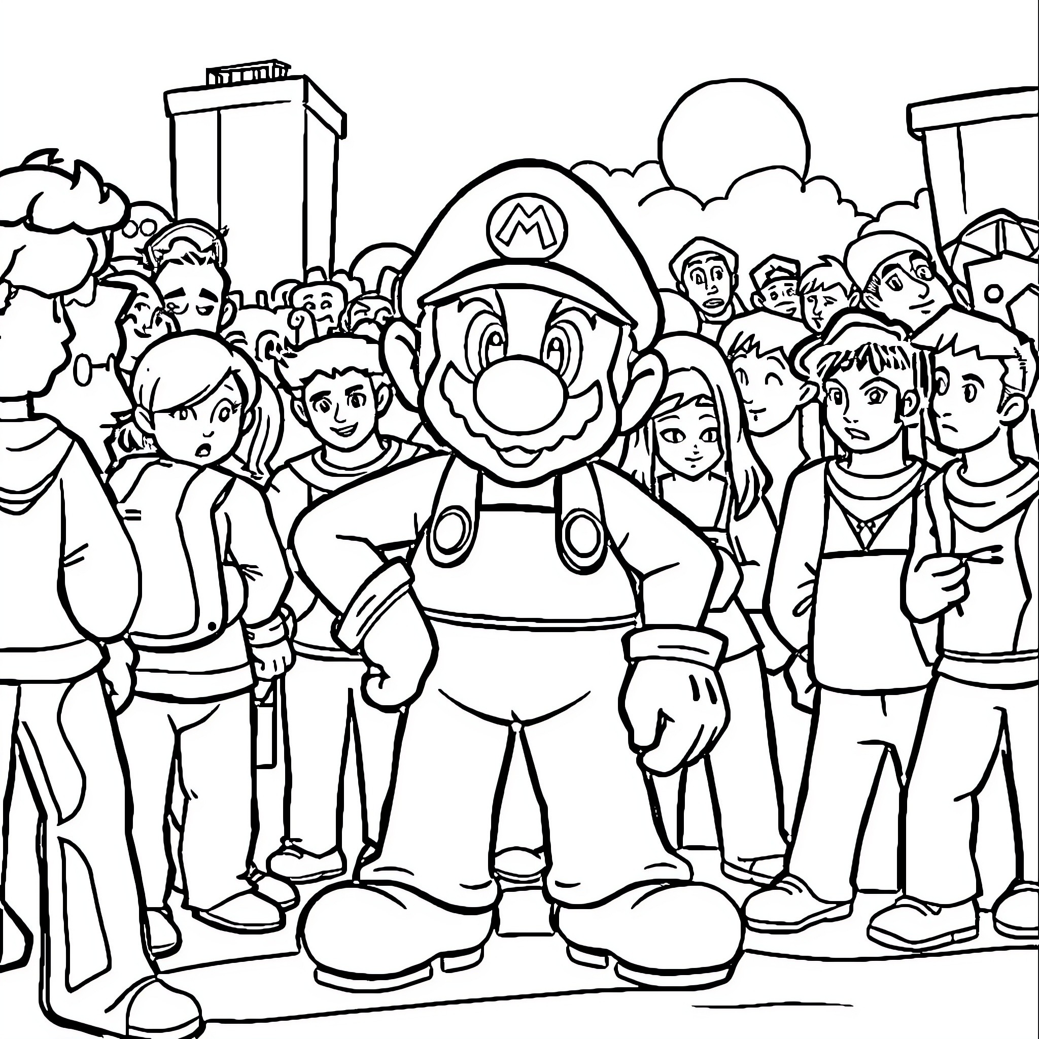 Mario amongst a crowd of characters Coloring Page (free black-and-white line drawing printable PDF for all, from beginners to advanced learners, including children, teens, adults, and seniors)