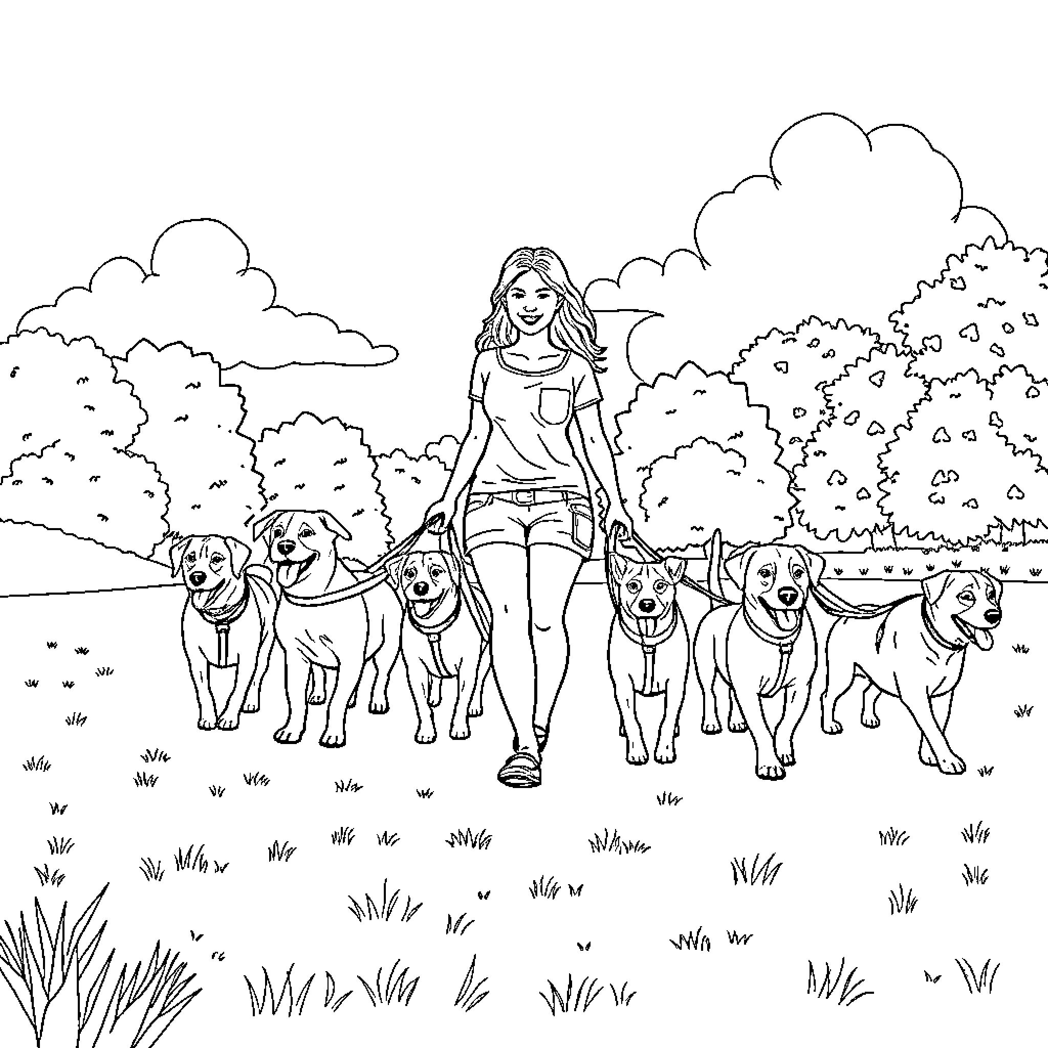 Woman walking her pack of dogs in the park Coloring Page (free black-and-white line drawing printable PDF for all, from beginners to advanced learners, including children, teens, adults, and seniors)