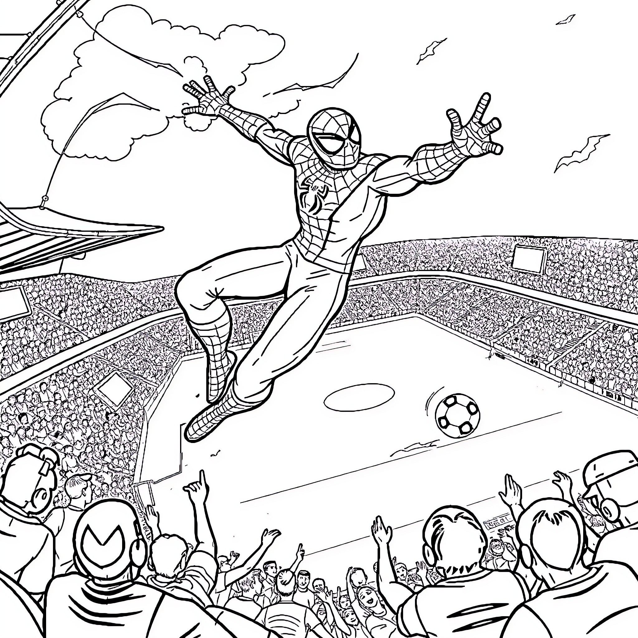 Spiderman saves the day at the soccer stadium Coloring Page (free black-and-white line drawing printable PDF for all, from beginners to advanced learners, including children, teens, adults, and seniors)