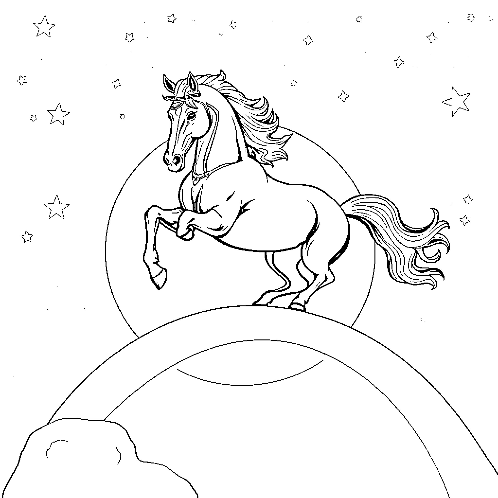 Horse galloping under the starry night sky Coloring Page (free black-and-white line drawing printable PDF for all, from beginners to advanced learners, including children, teens, adults, and seniors)