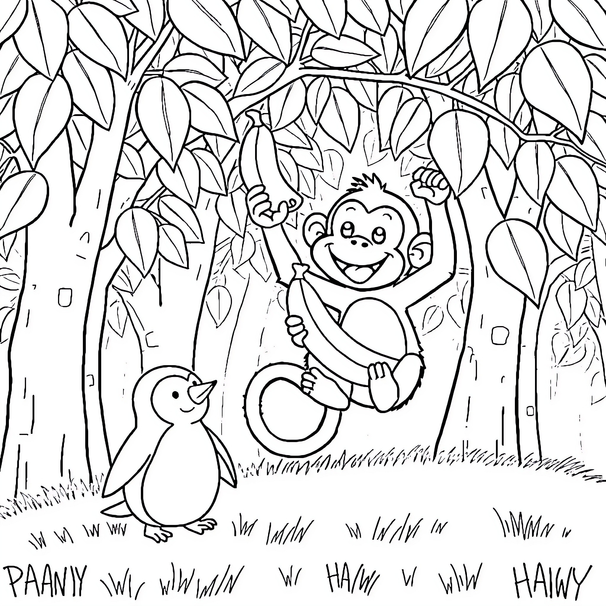 Monkey playing joyfully with penguin in the woods Coloring Page (free black-and-white line drawing printable PDF for all, from beginners to advanced learners, including children, teens, adults, and seniors)