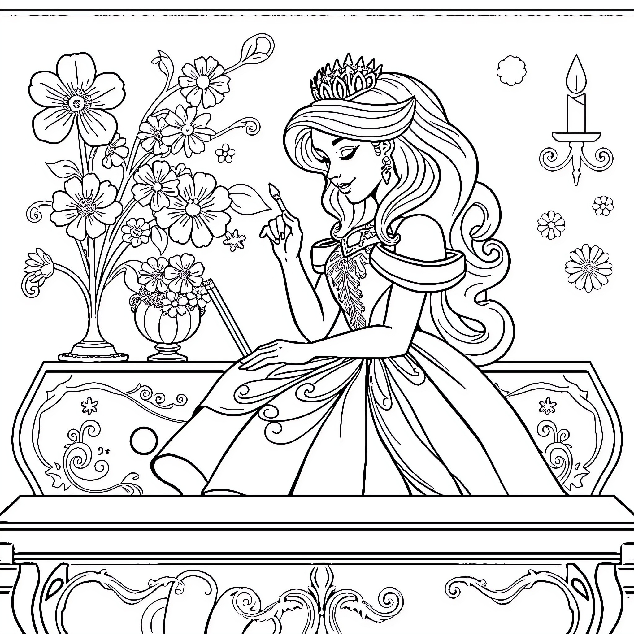 Princess in an elegant dress with flowers Coloring Page (free black-and-white line drawing printable PDF for all, from beginners to advanced learners, including children, teens, adults, and seniors)