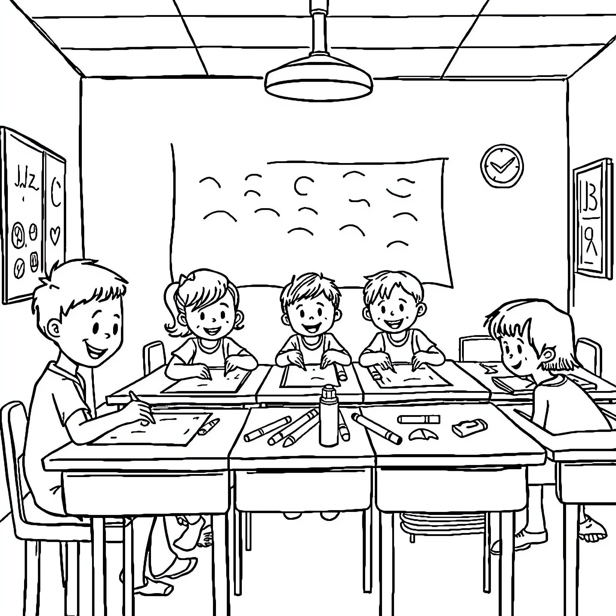 Classroom with Students Engaged in Learning Coloring Page (free black-and-white line drawing printable PDF for all, from beginners to advanced learners, including children, teens, adults, and seniors)