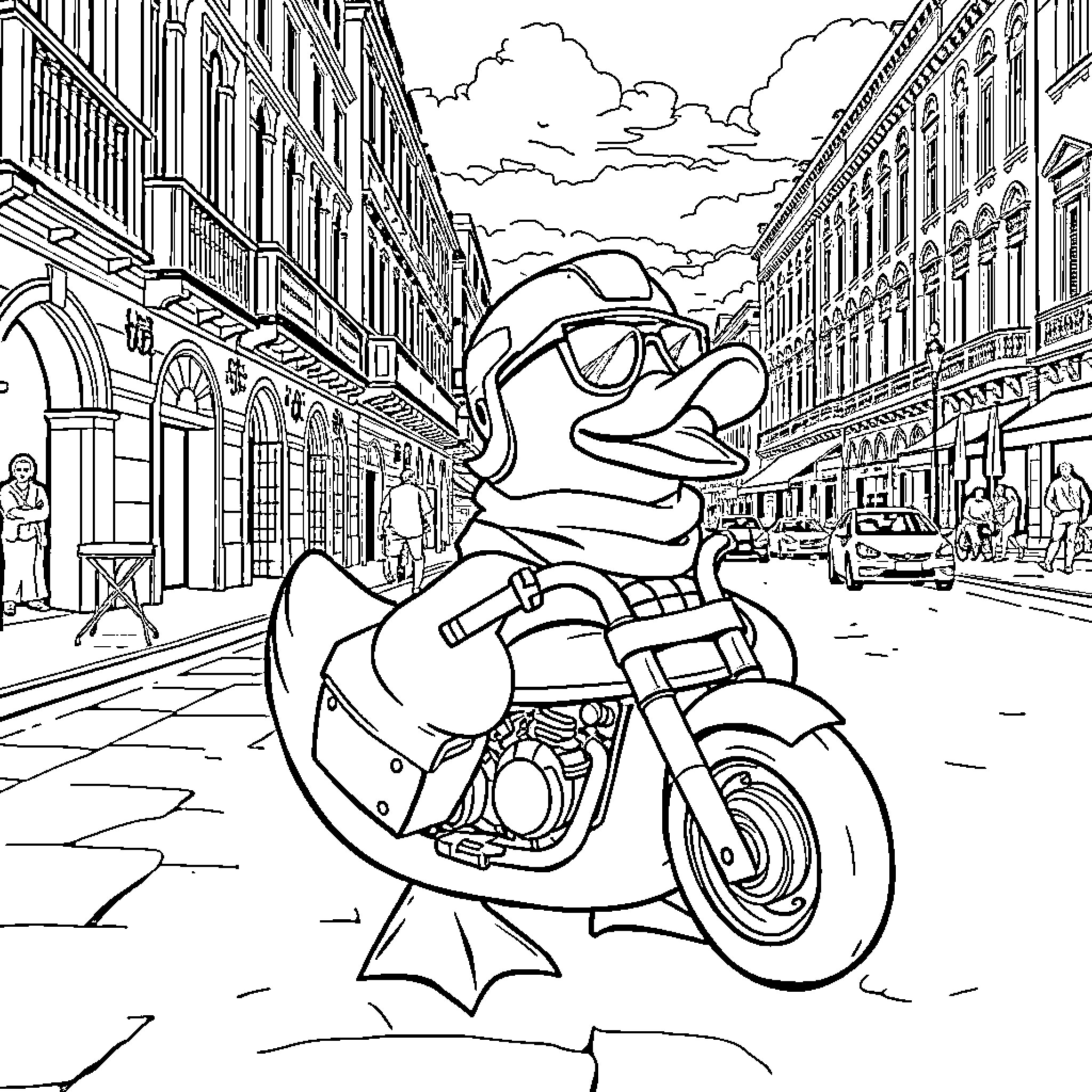 Rubber Duck Biker Riding Through City Streets Coloring Page (free black-and-white line drawing printable PDF for all, from beginners to advanced learners, including children, teens, adults, and seniors)