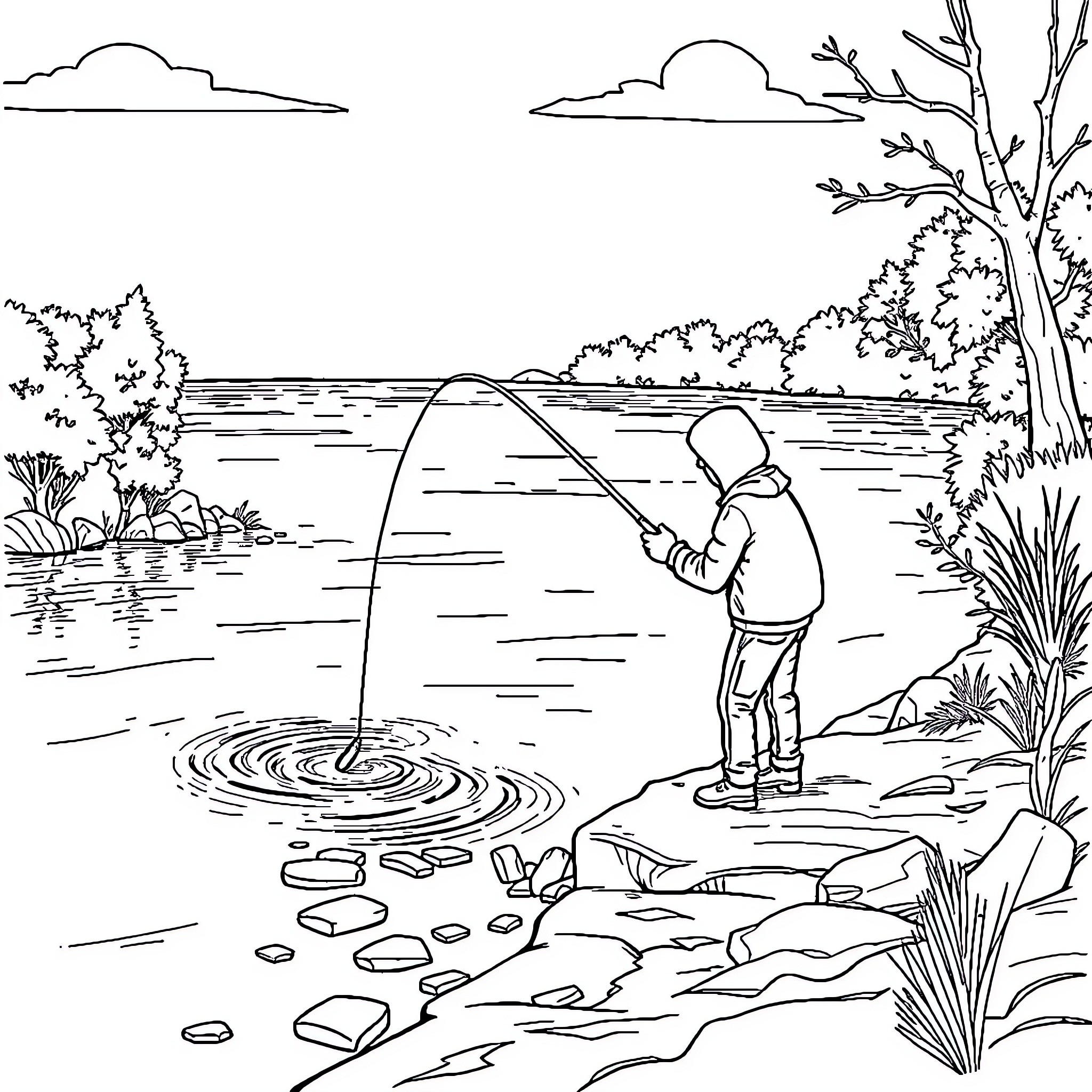 Magnet Fishing by a Tranquil Lake Coloring Page (free black-and-white line drawing printable PDF for all, from beginners to advanced learners, including children, teens, adults, and seniors)