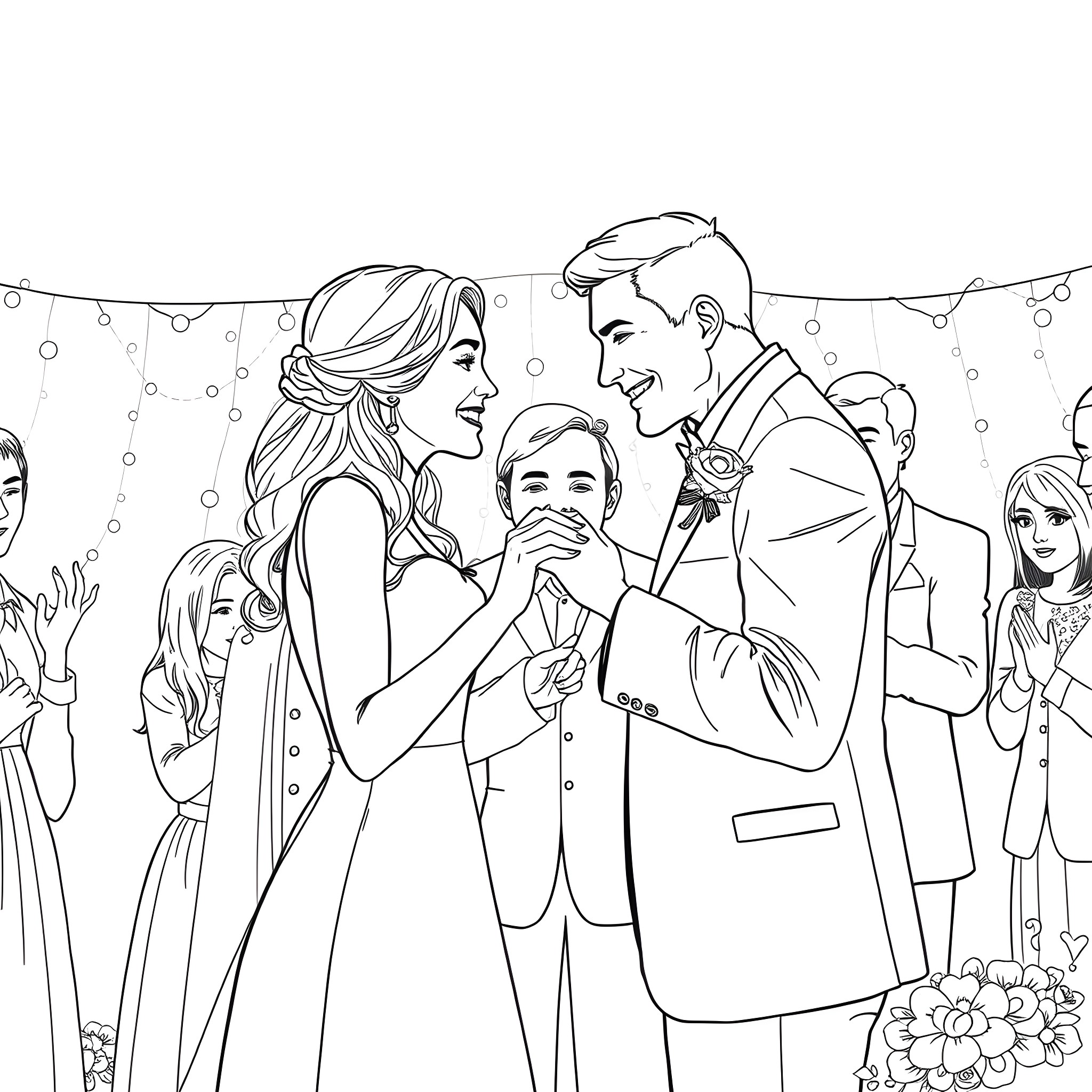 Engagement Celebration with Joyful Expressions Coloring Page (free black-and-white line drawing printable PDF for all, from beginners to advanced learners, including children, teens, adults, and seniors)