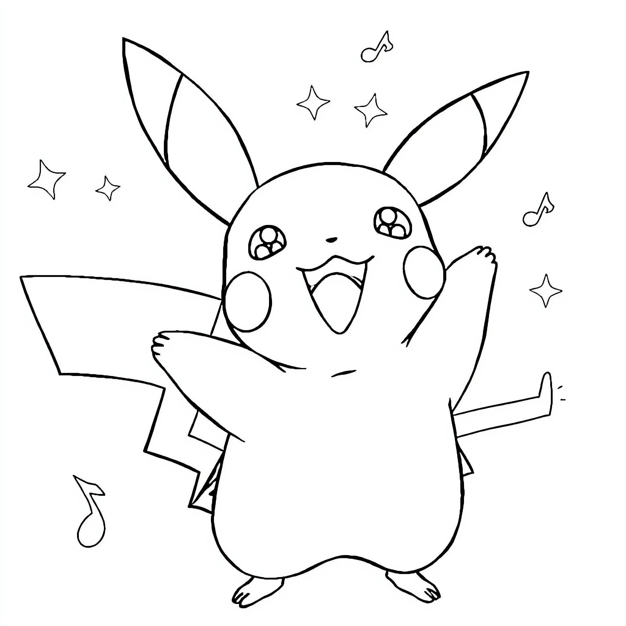 Pikachu celebrating joyfully with stars Coloring Page (free black-and-white line drawing printable PDF for all, from beginners to advanced learners, including children, teens, adults, and seniors)