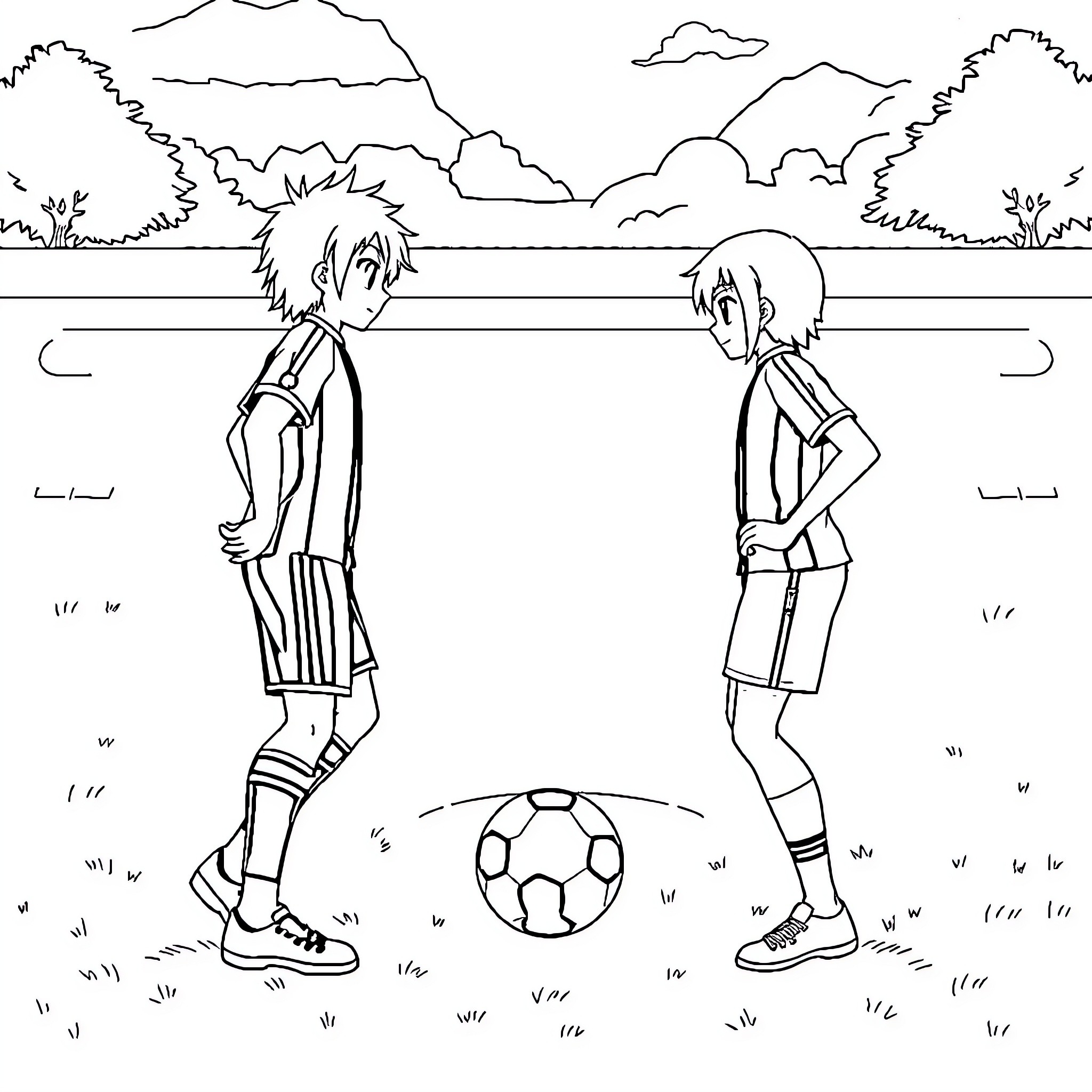 Isagi vs Nagi: Soccer Rivals Facing Off Coloring Page (free black-and-white line drawing printable PDF for all, from beginners to advanced learners, including children, teens, adults, and seniors)