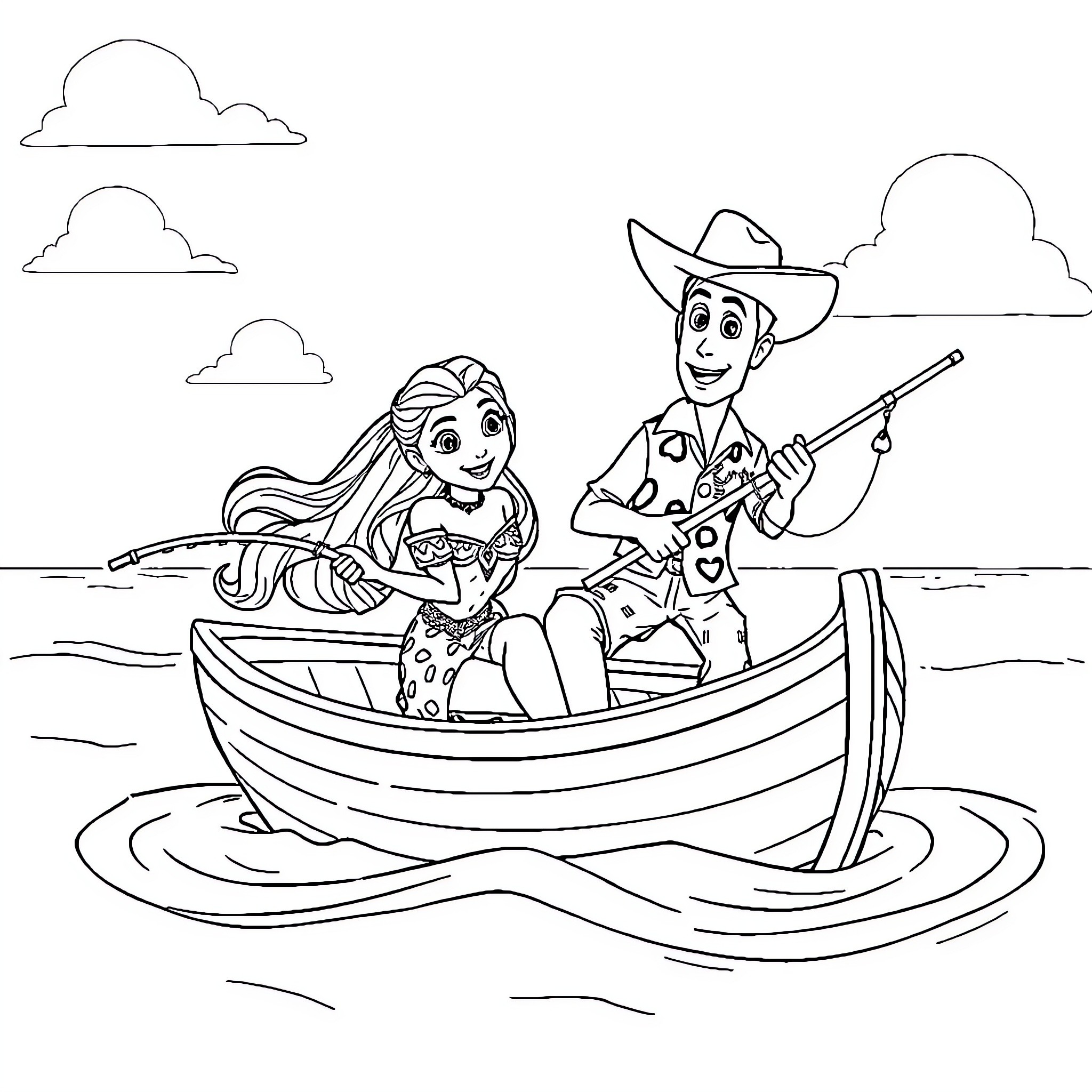 Vaiana and Cowboy in a Boat on the Water Coloring Page (free black-and-white line drawing printable PDF for all, from beginners to advanced learners, including children, teens, adults, and seniors)