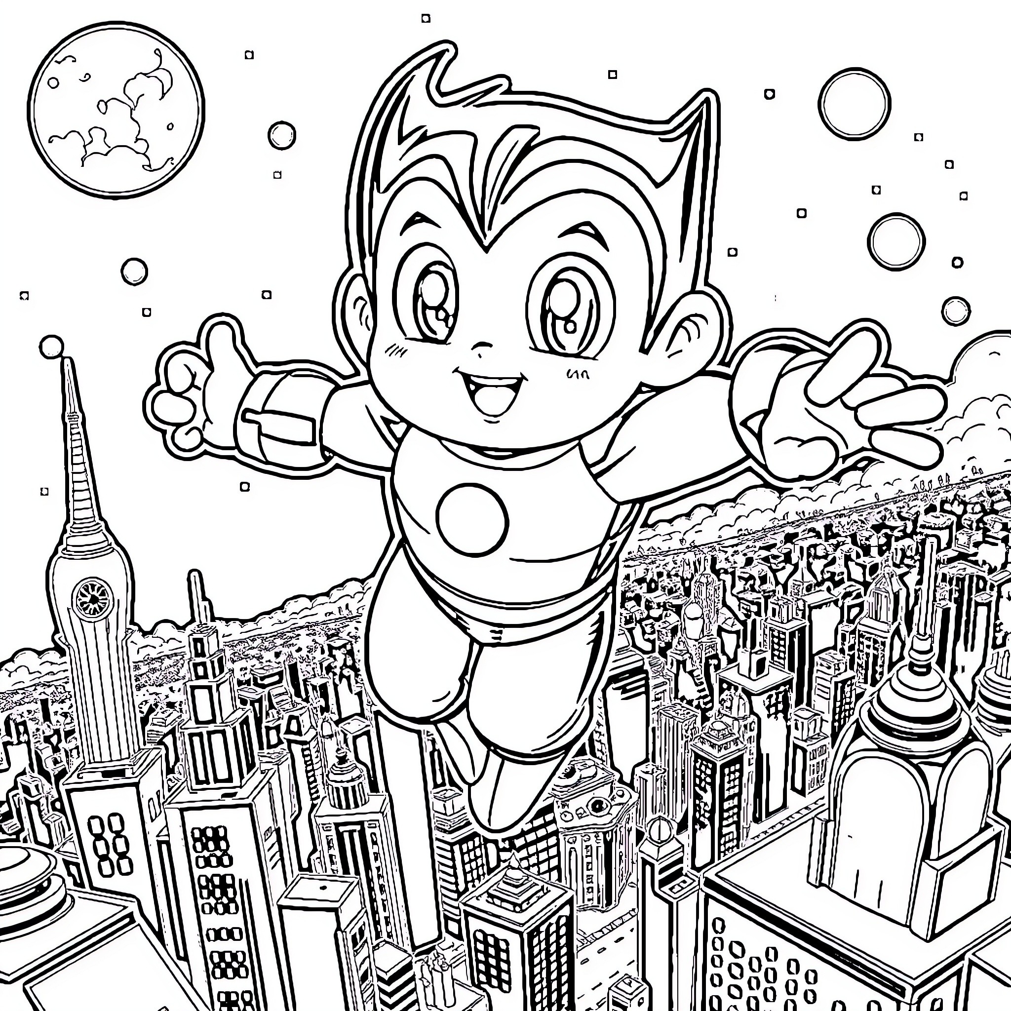 Astro Boy soaring over the city skyline Coloring Page (free black-and-white line drawing printable PDF for all, from beginners to advanced learners, including children, teens, adults, and seniors)