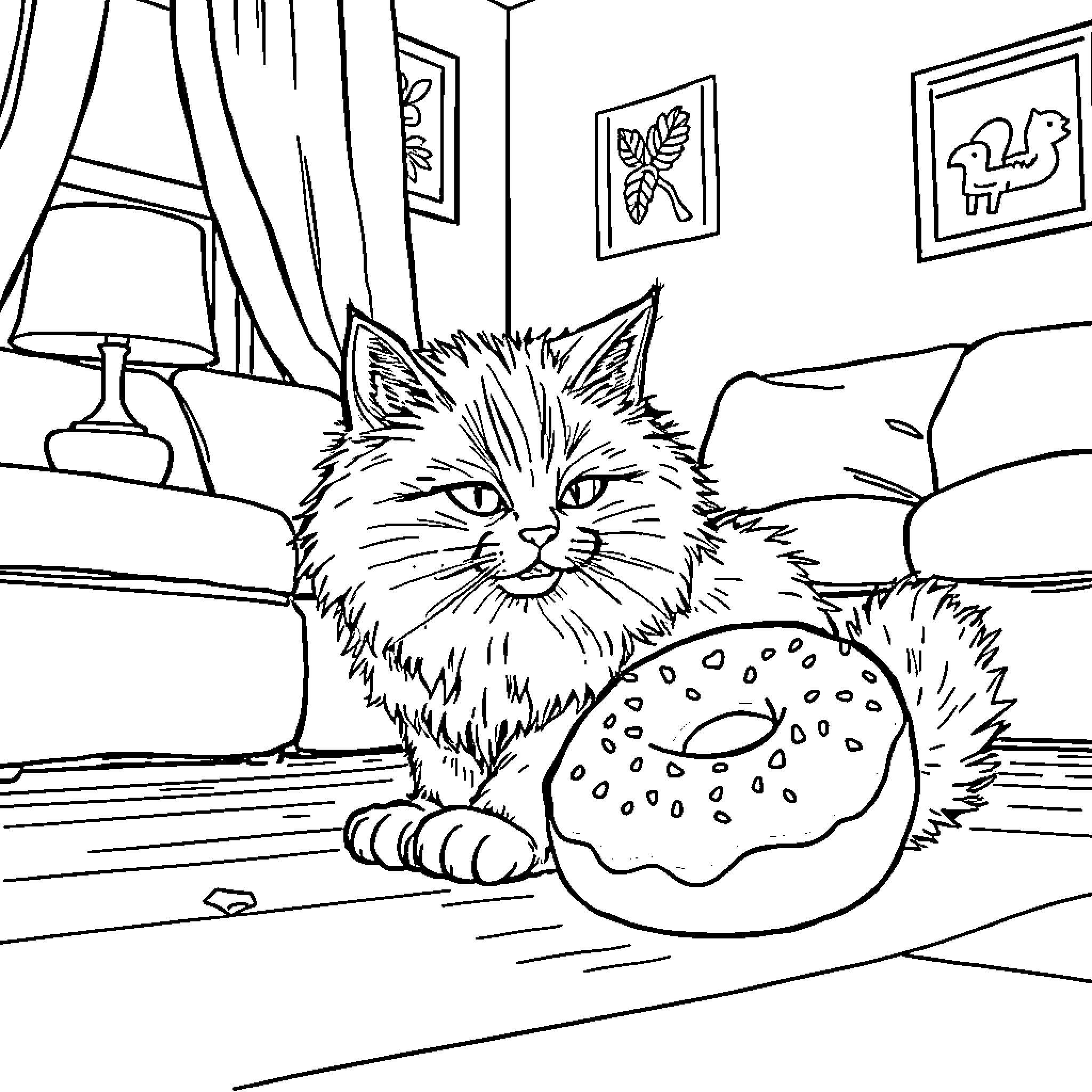 Cat lounging on couch with donut Coloring Page (free black-and-white line drawing printable PDF for all, from beginners to advanced learners, including children, teens, adults, and seniors)