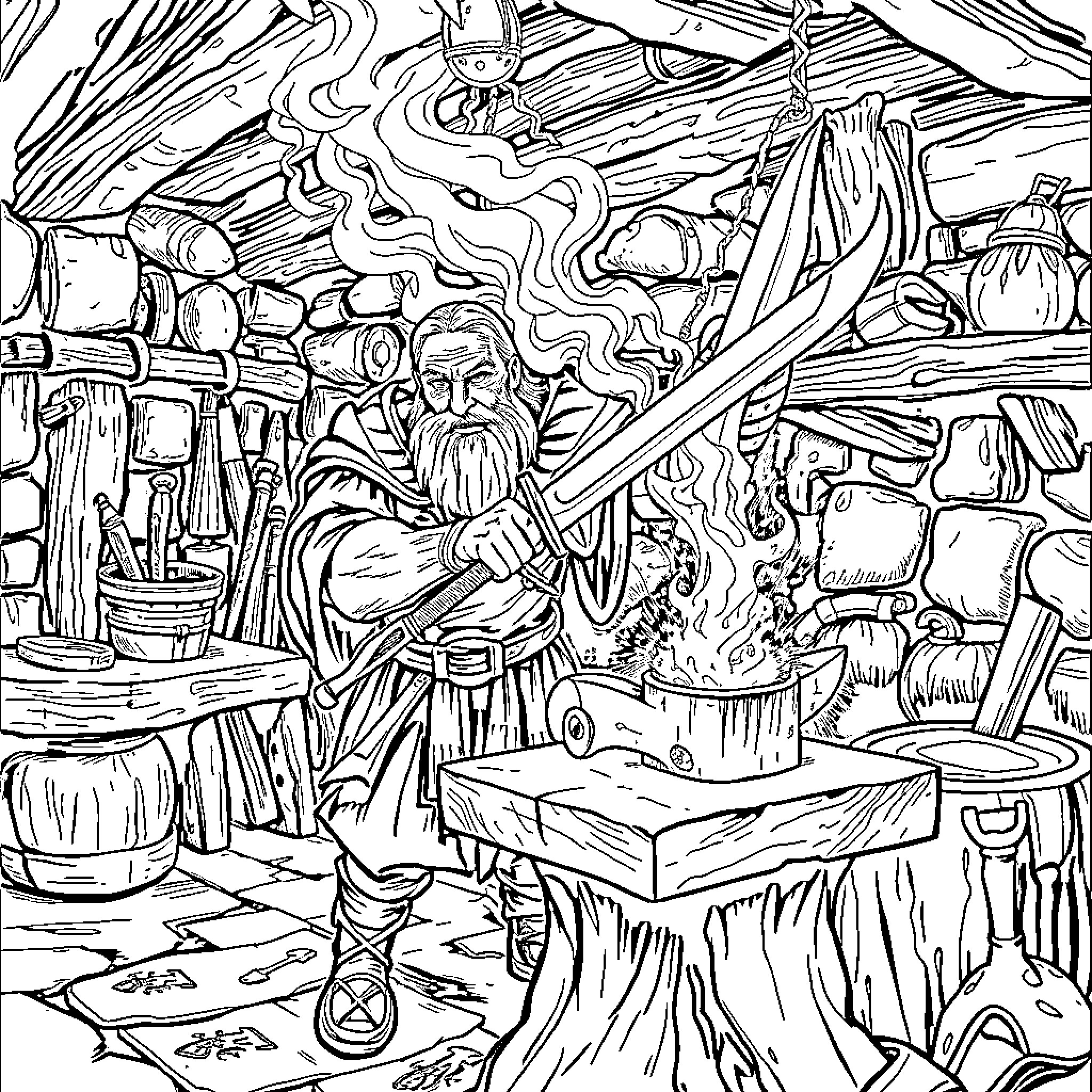 Blacksmith working diligently in his rustic workshop Coloring Page (free black-and-white line drawing printable PDF for all, from beginners to advanced learners, including children, teens, adults, and seniors)