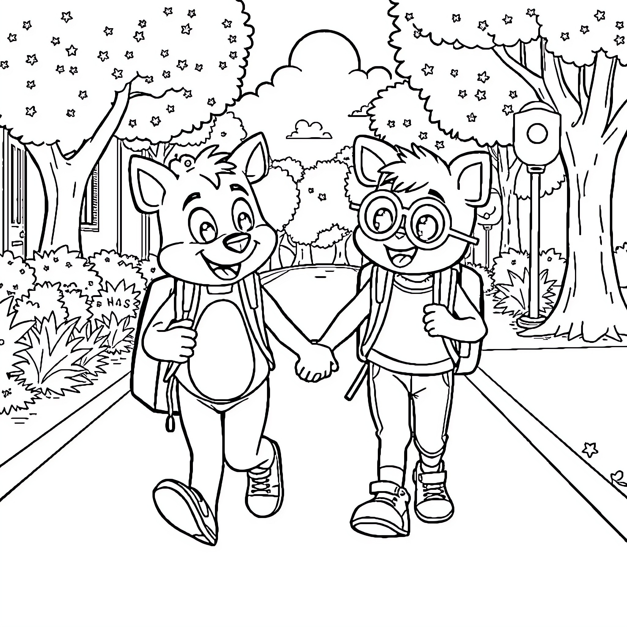 Bluey and friends explore the magical forest Coloring Page (free black-and-white line drawing printable PDF for all, from beginners to advanced learners, including children, teens, adults, and seniors)