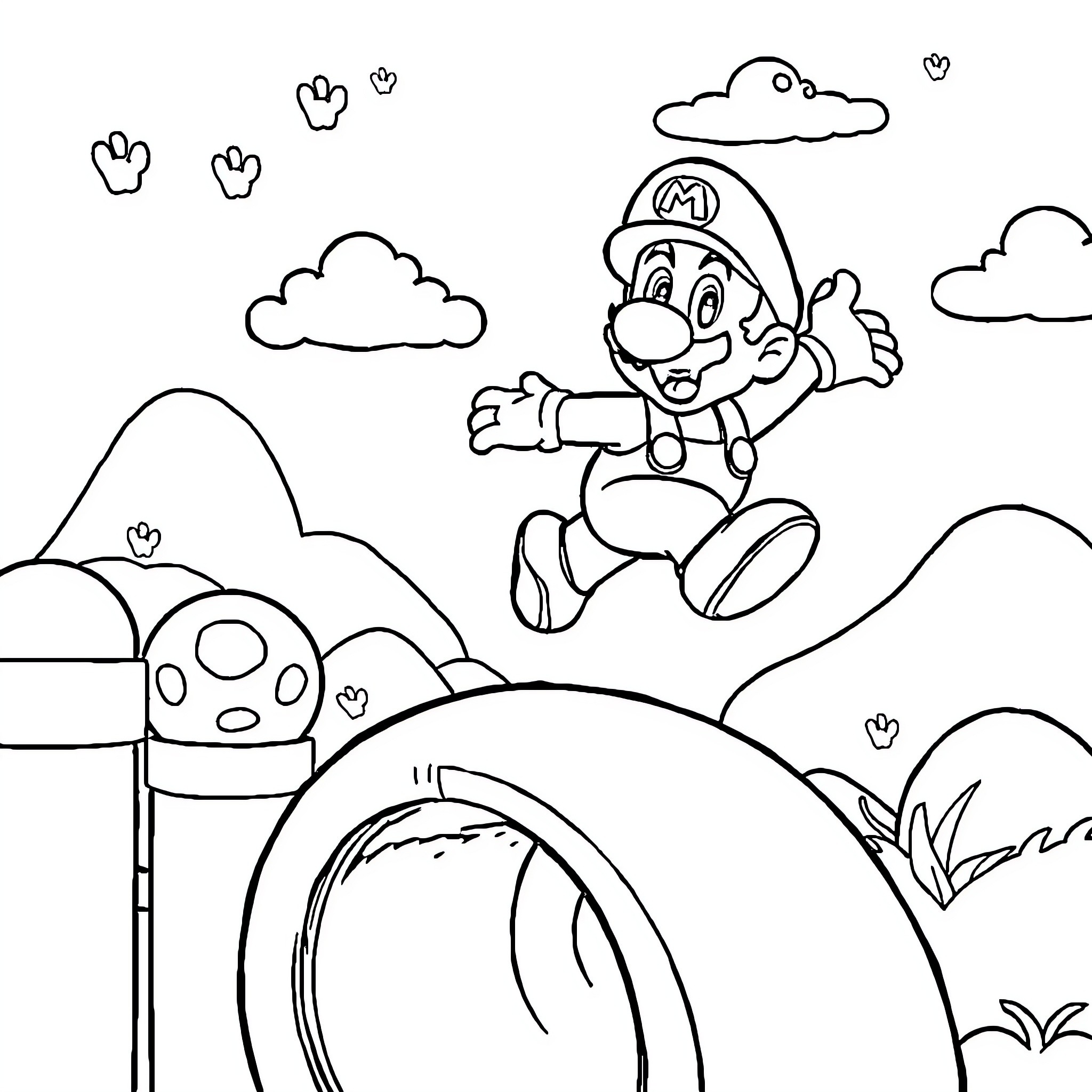 Mario jumping joyfully in the mushroom kingdom Coloring Page (free black-and-white line drawing printable PDF for all, from beginners to advanced learners, including children, teens, adults, and seniors)