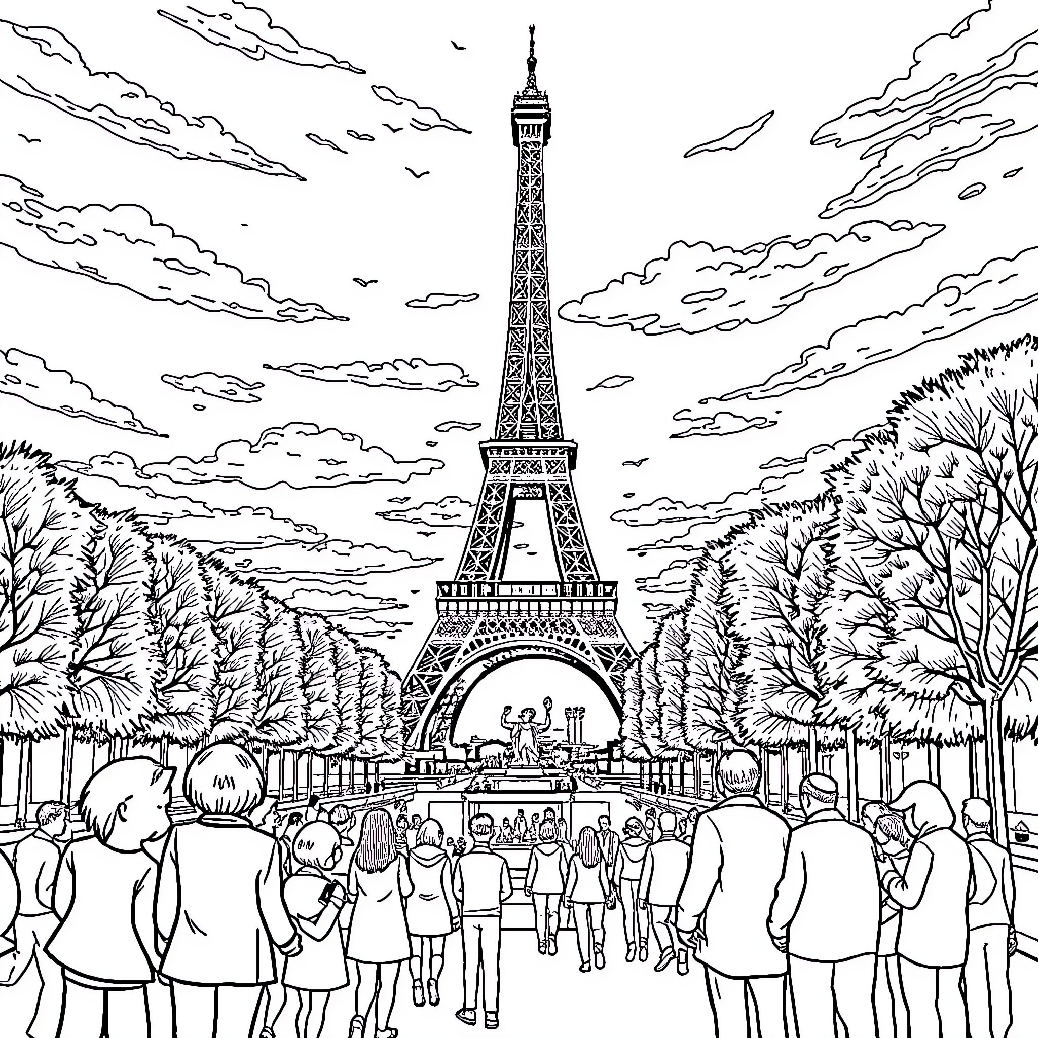 Eiffel Tower surrounded by tourists and nature Coloring Page (free black-and-white line drawing printable PDF for all, from beginners to advanced learners, including children, teens, adults, and seniors)