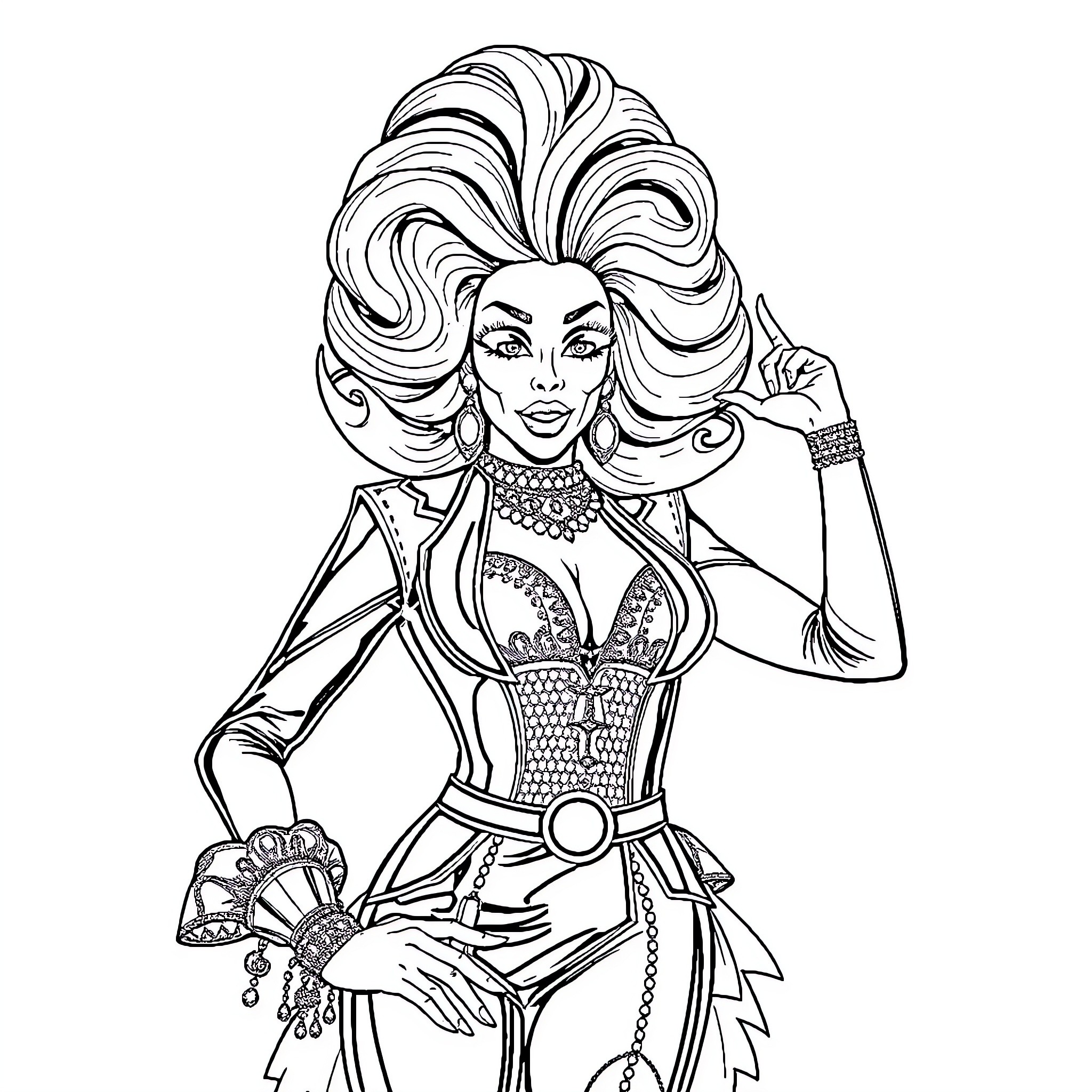 RuPaul's Glamorous Drag Queen Performance Coloring Page (free black-and-white line drawing printable PDF for all, from beginners to advanced learners, including children, teens, adults, and seniors)