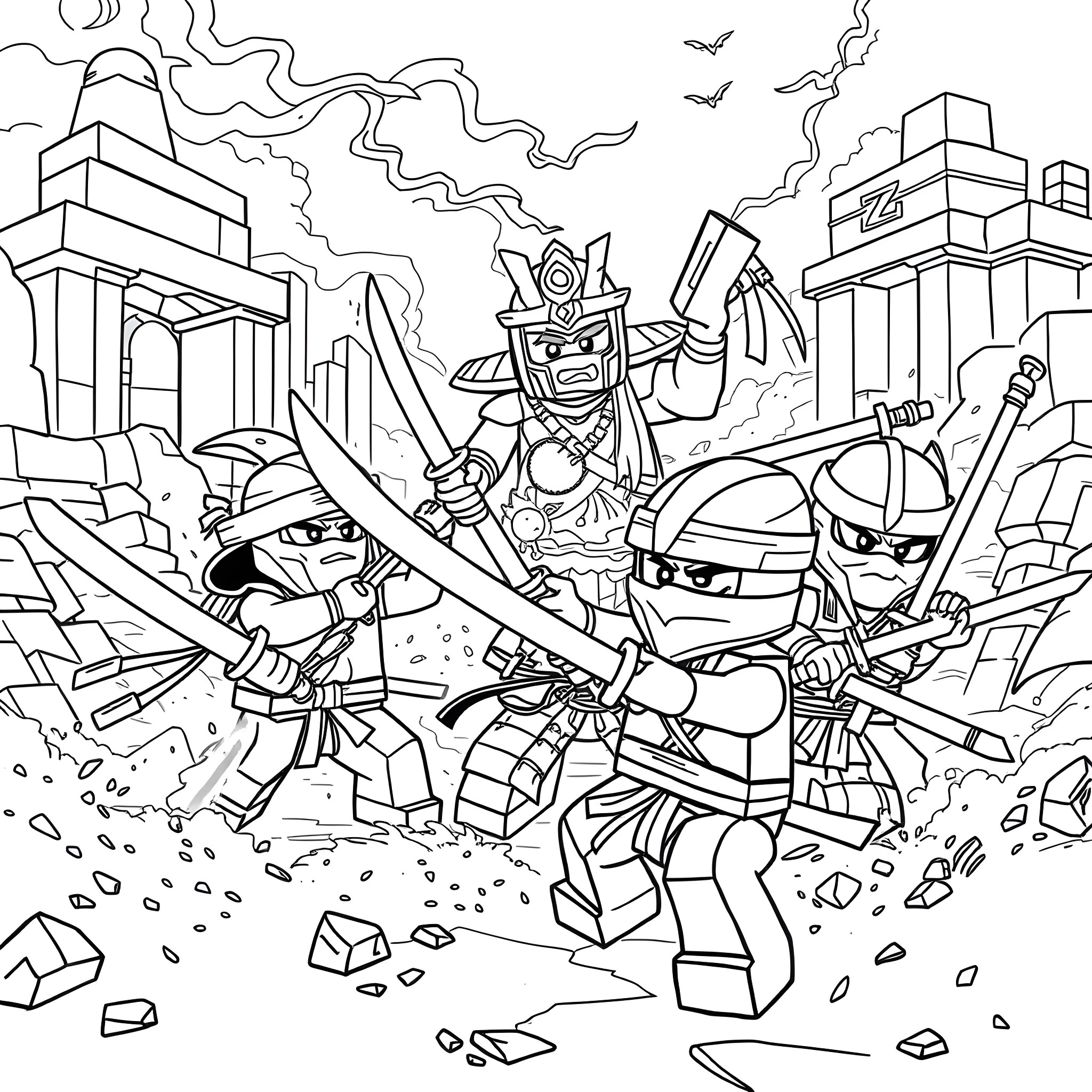Ninjago heroes in epic battle against villains Coloring Page (free black-and-white line drawing printable PDF for all, from beginners to advanced learners, including children, teens, adults, and seniors)