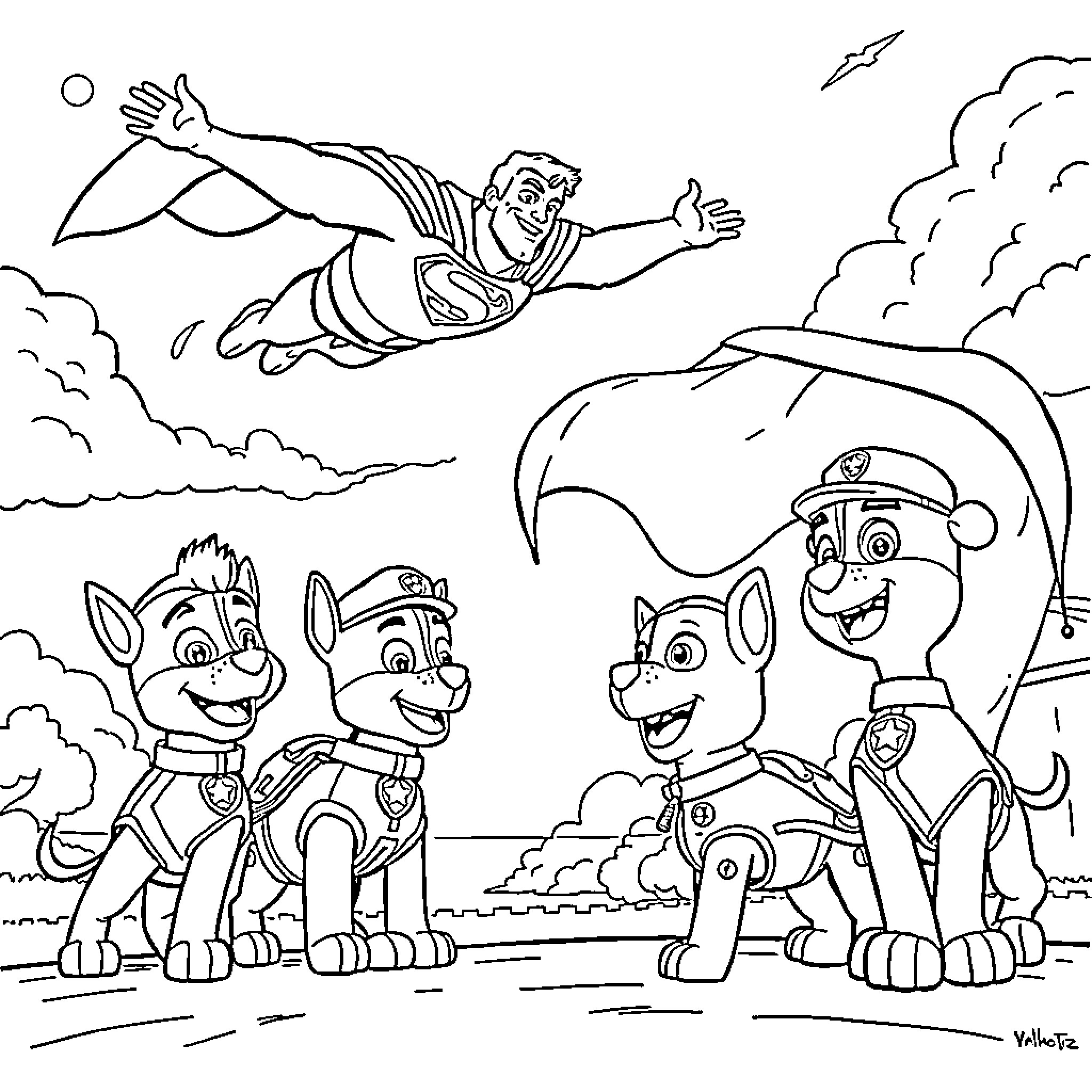 Superman flying in the clouds with Paw Patrol puppies Coloring Page (free black-and-white line drawing printable PDF for all, from beginners to advanced learners, including children, teens, adults, and seniors)