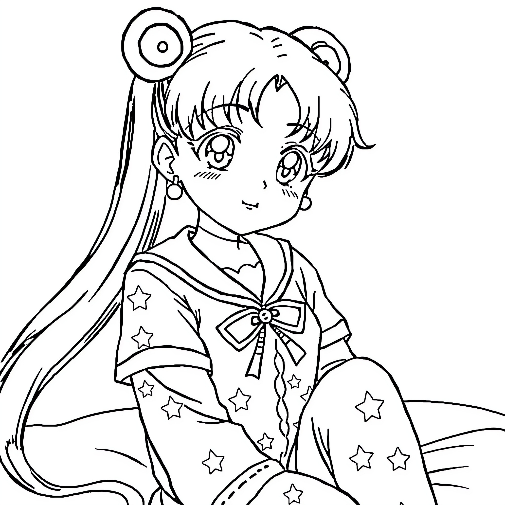 Sailormoon character in action pose with stars Coloring Page (free black-and-white line drawing printable PDF for all, from beginners to advanced learners, including children, teens, adults, and seniors)