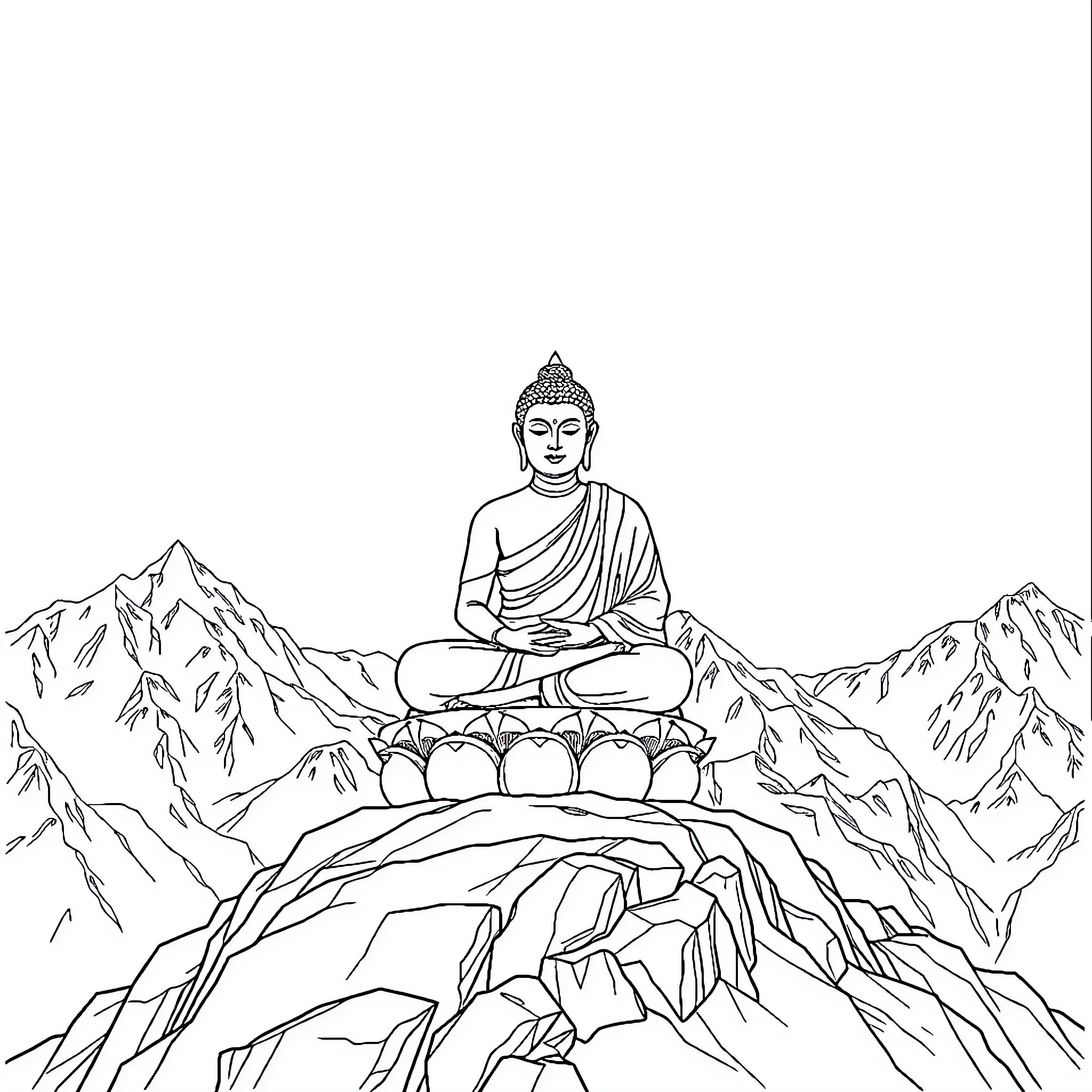 Buddha meditating on a tranquil mountain landscape Coloring Page (free black-and-white line drawing printable PDF for all, from beginners to advanced learners, including children, teens, adults, and seniors)