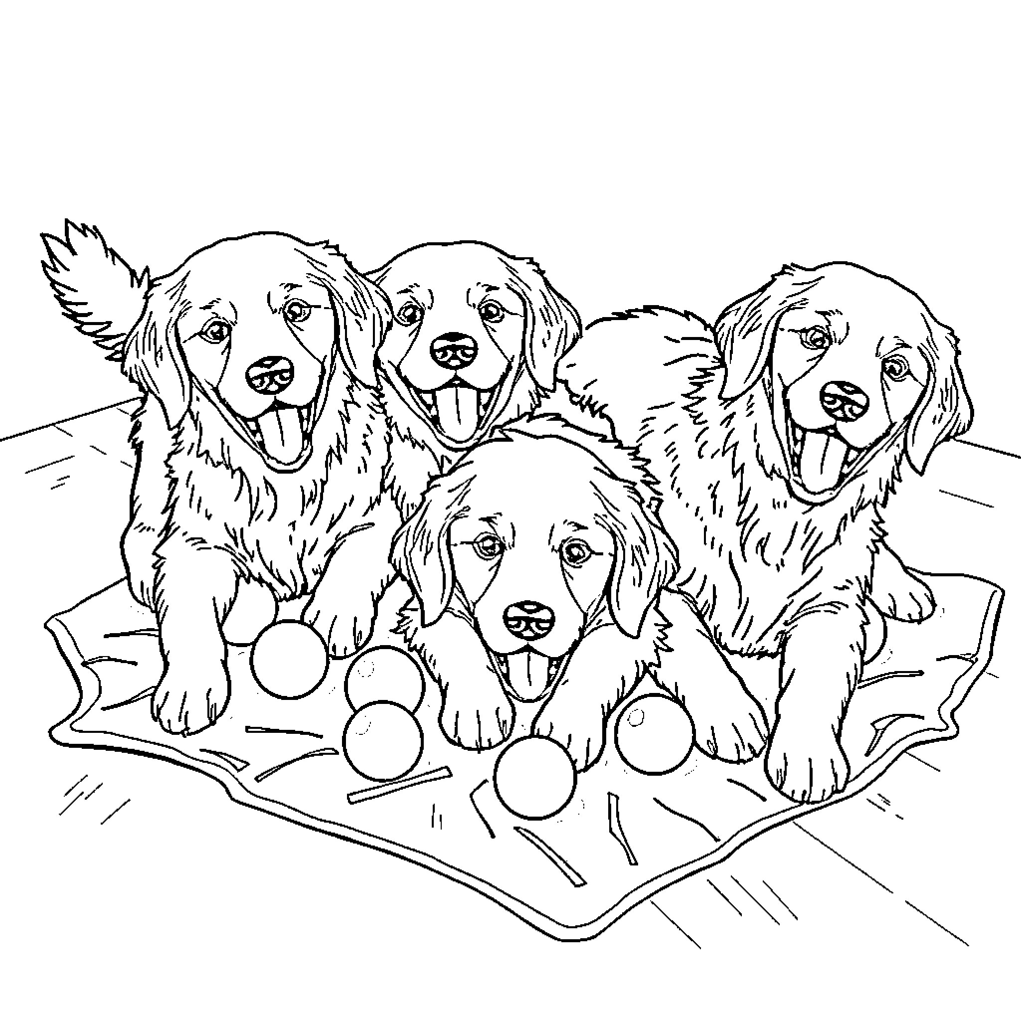 Golden Retriever Puppies Playing Together Coloring Page (free black-and-white line drawing printable PDF for all, from beginners to advanced learners, including children, teens, adults, and seniors)