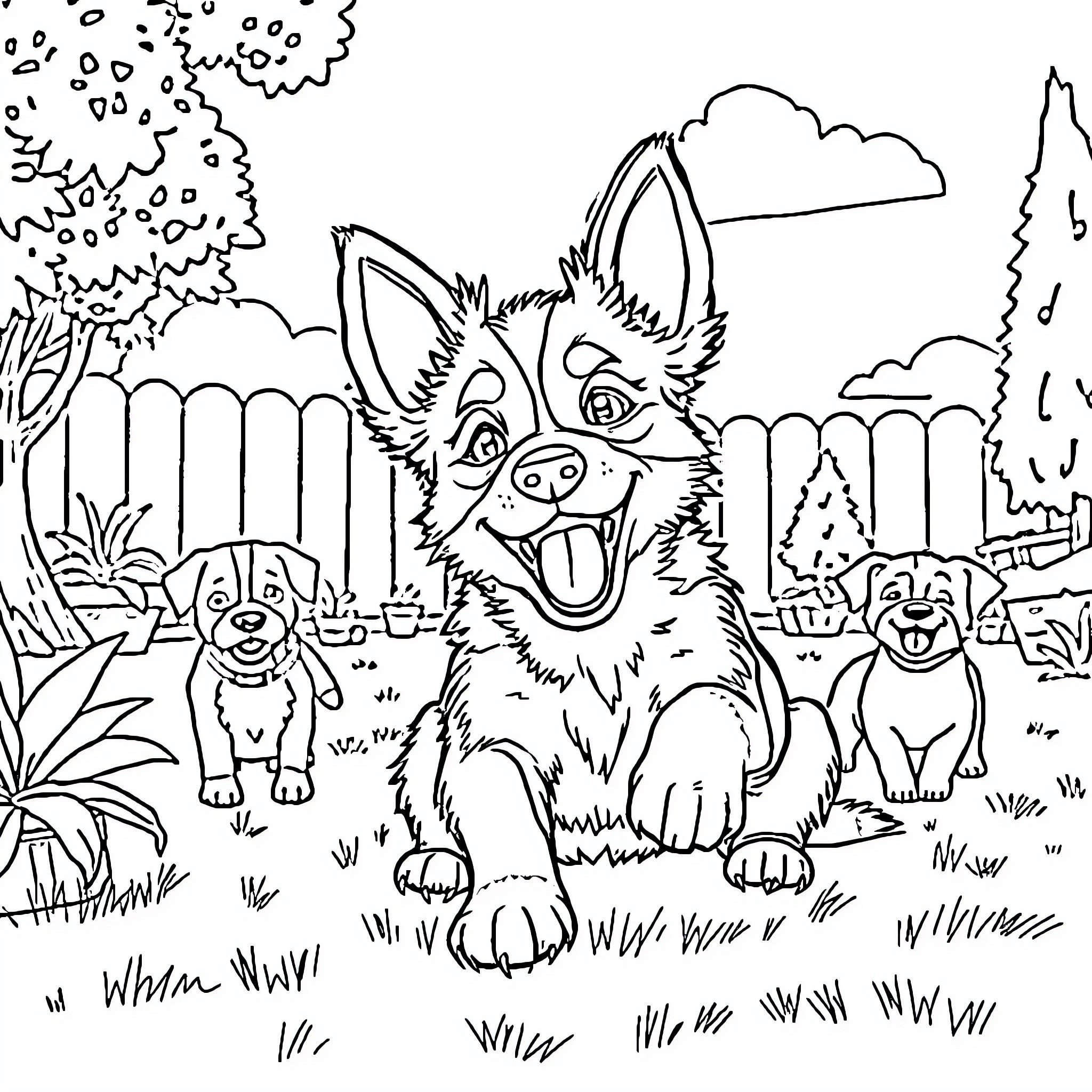 Bluey and friends explore the backyard Coloring Page (free black-and-white line drawing printable PDF for all, from beginners to advanced learners, including children, teens, adults, and seniors)