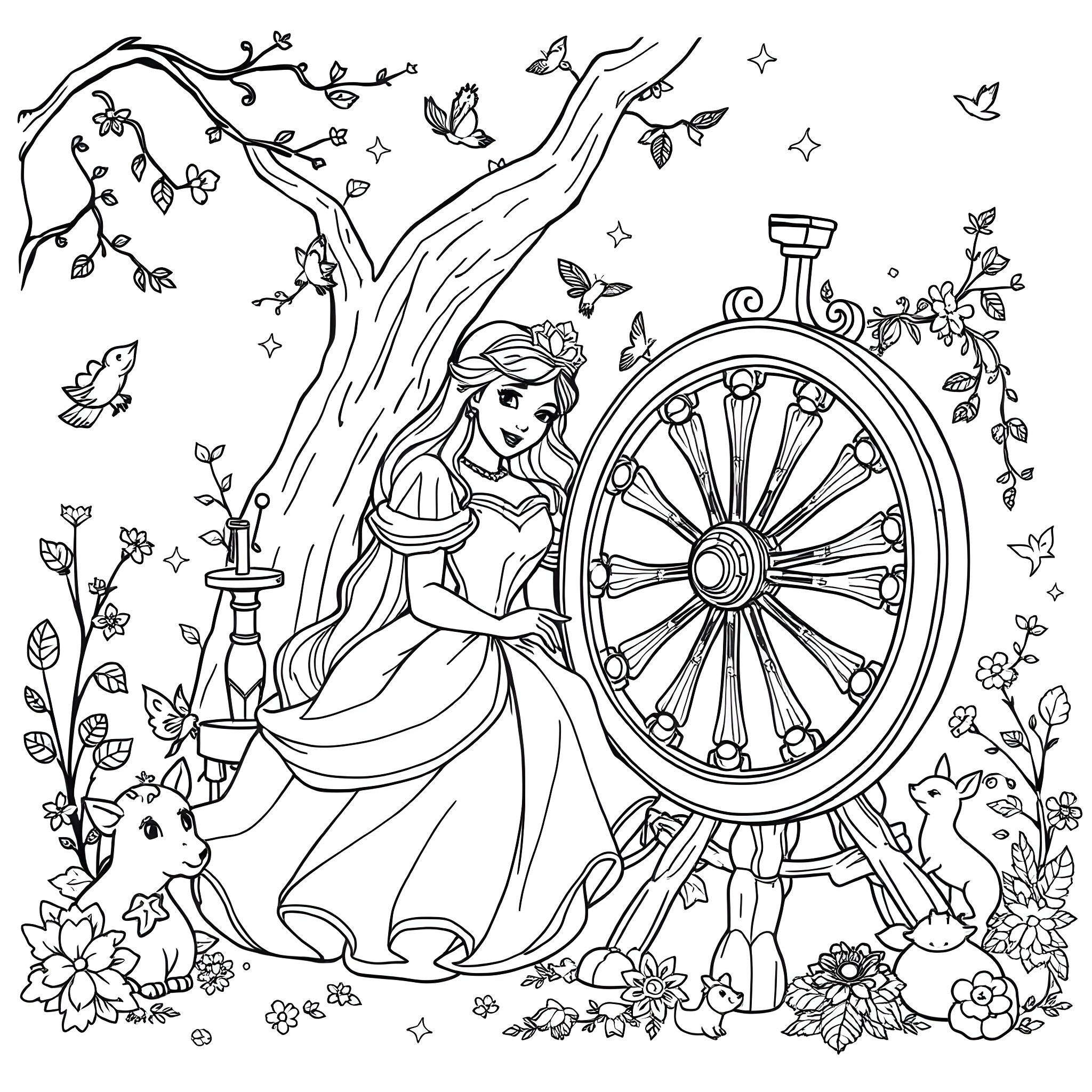 Sleeping Beauty's Whimsical Dream Coloring Page (free black-and-white line drawing printable PDF for all, from beginners to advanced learners, including children, teens, adults, and seniors)