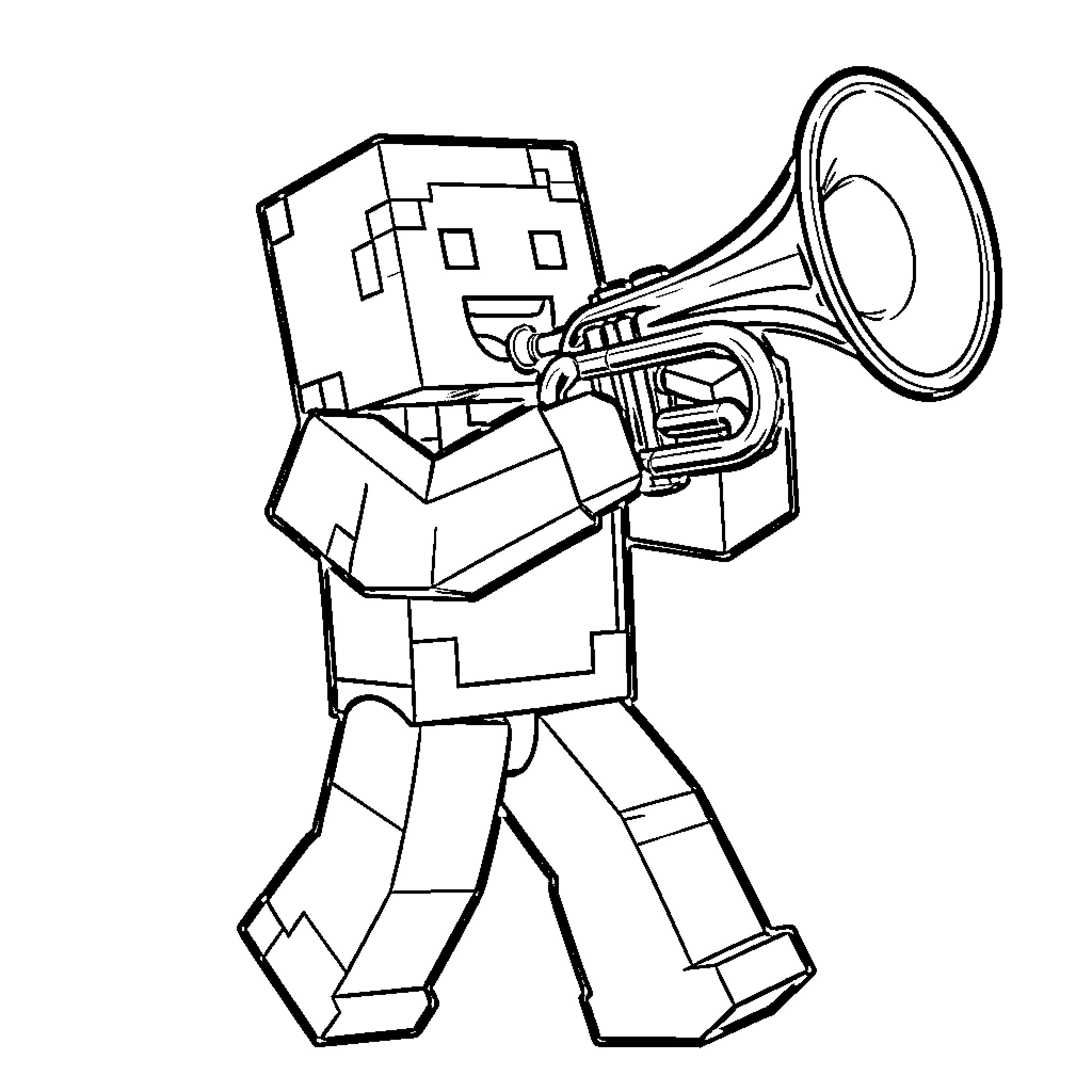 Minecraft Character Blowing on a Trumpet Coloring Page (free black-and-white line drawing printable PDF for all, from beginners to advanced learners, including children, teens, adults, and seniors)