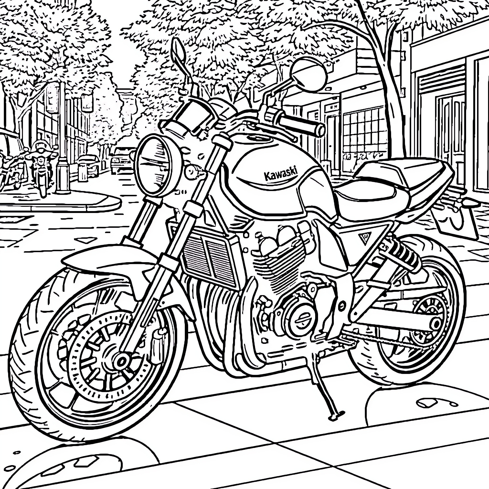 Kawasaki Z750 motorcycle parked on city street Coloring Page (free black-and-white line drawing printable PDF for all, from beginners to advanced learners, including children, teens, adults, and seniors)