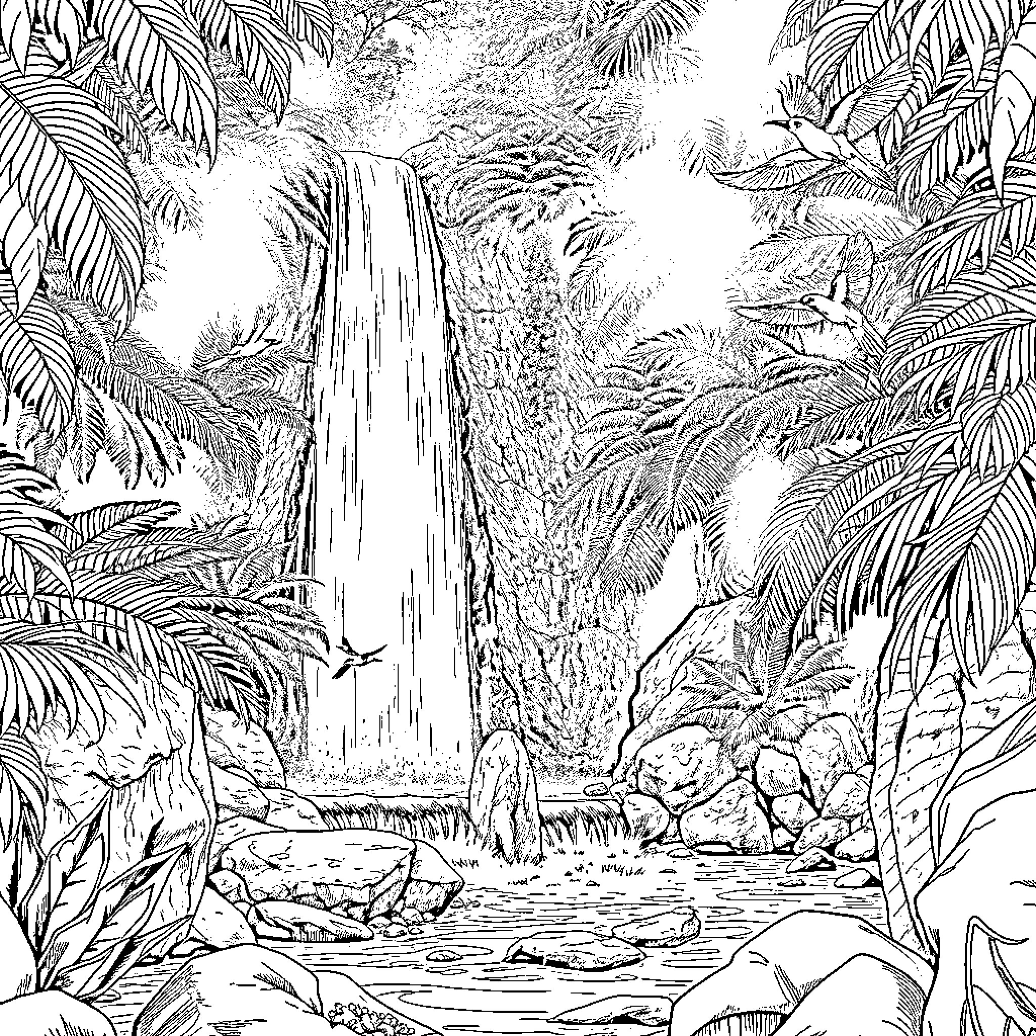 Waterfall in a Lush Tropical Jungle Coloring Page (free black-and-white line drawing printable PDF for all, from beginners to advanced learners, including children, teens, adults, and seniors)