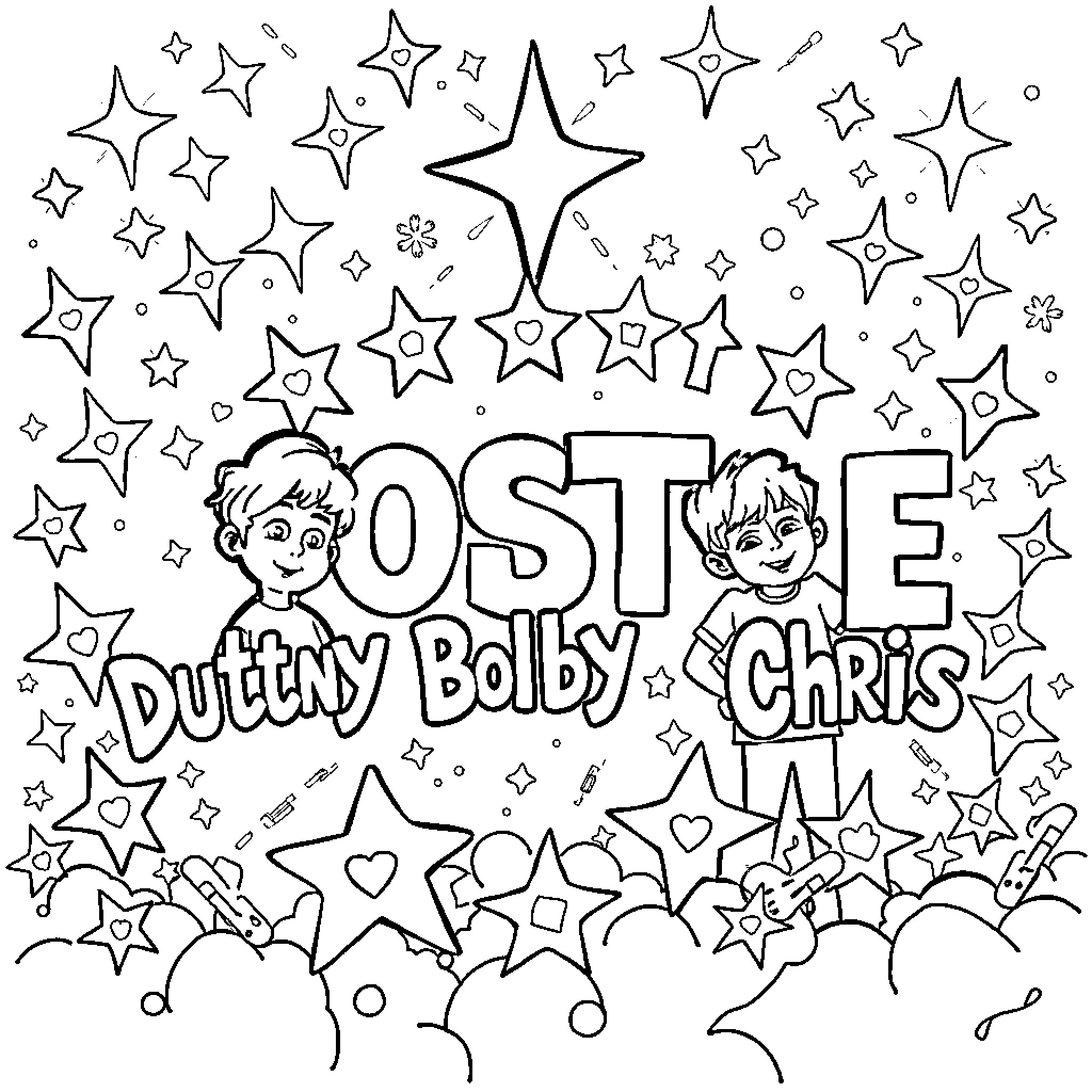 Name the playful stars and friends Coloring Page (free black-and-white line drawing printable PDF for all, from beginners to advanced learners, including children, teens, adults, and seniors)