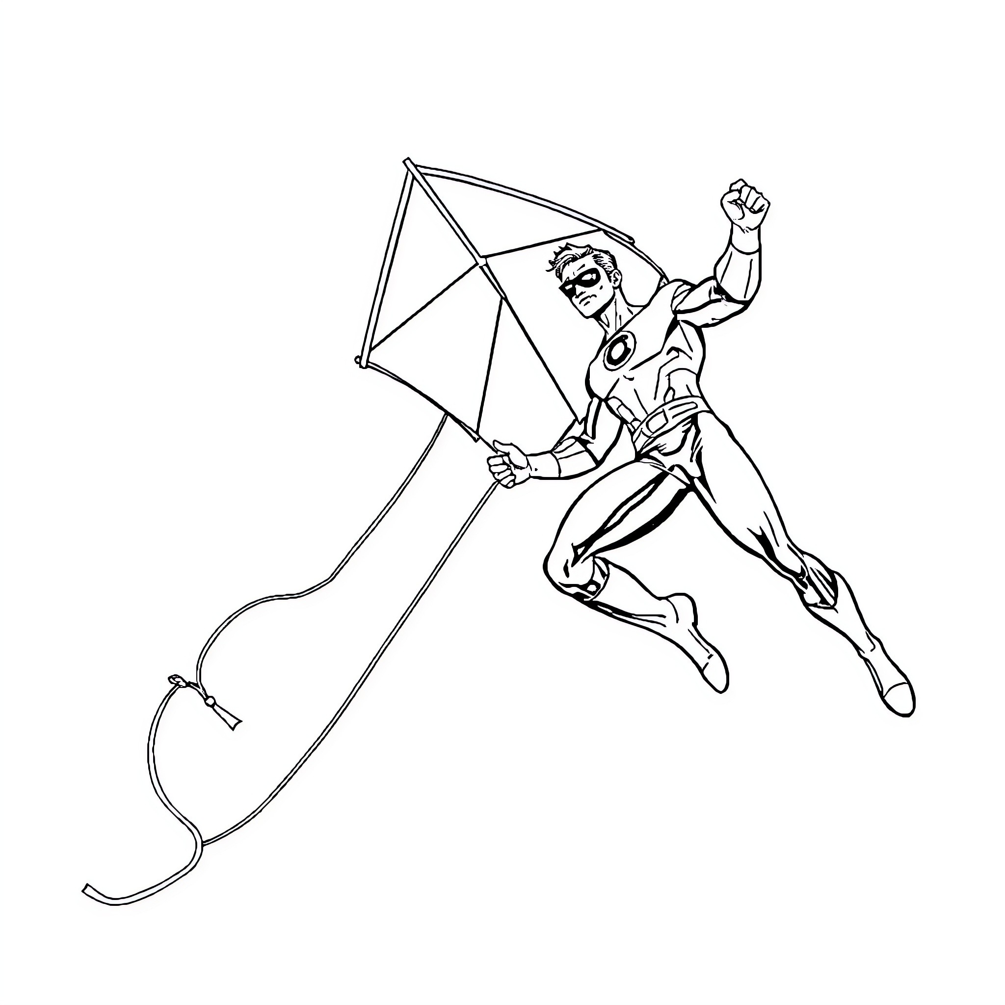 Green Lantern soaring through the sky with kite Coloring Page (free black-and-white line drawing printable PDF for all, from beginners to advanced learners, including children, teens, adults, and seniors)