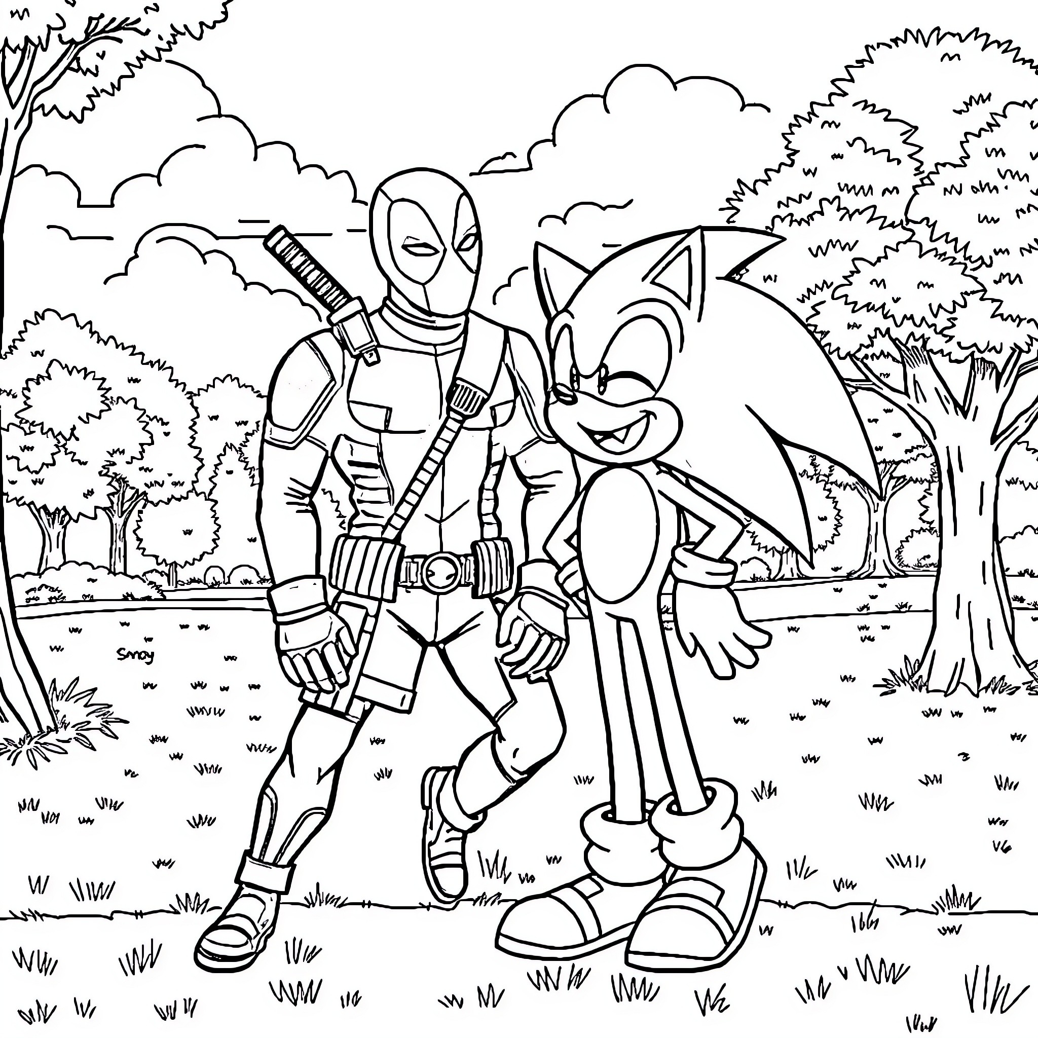 Deadpool and Sonic in an Outdoor Adventure Coloring Page (free black-and-white line drawing printable PDF for all, from beginners to advanced learners, including children, teens, adults, and seniors)