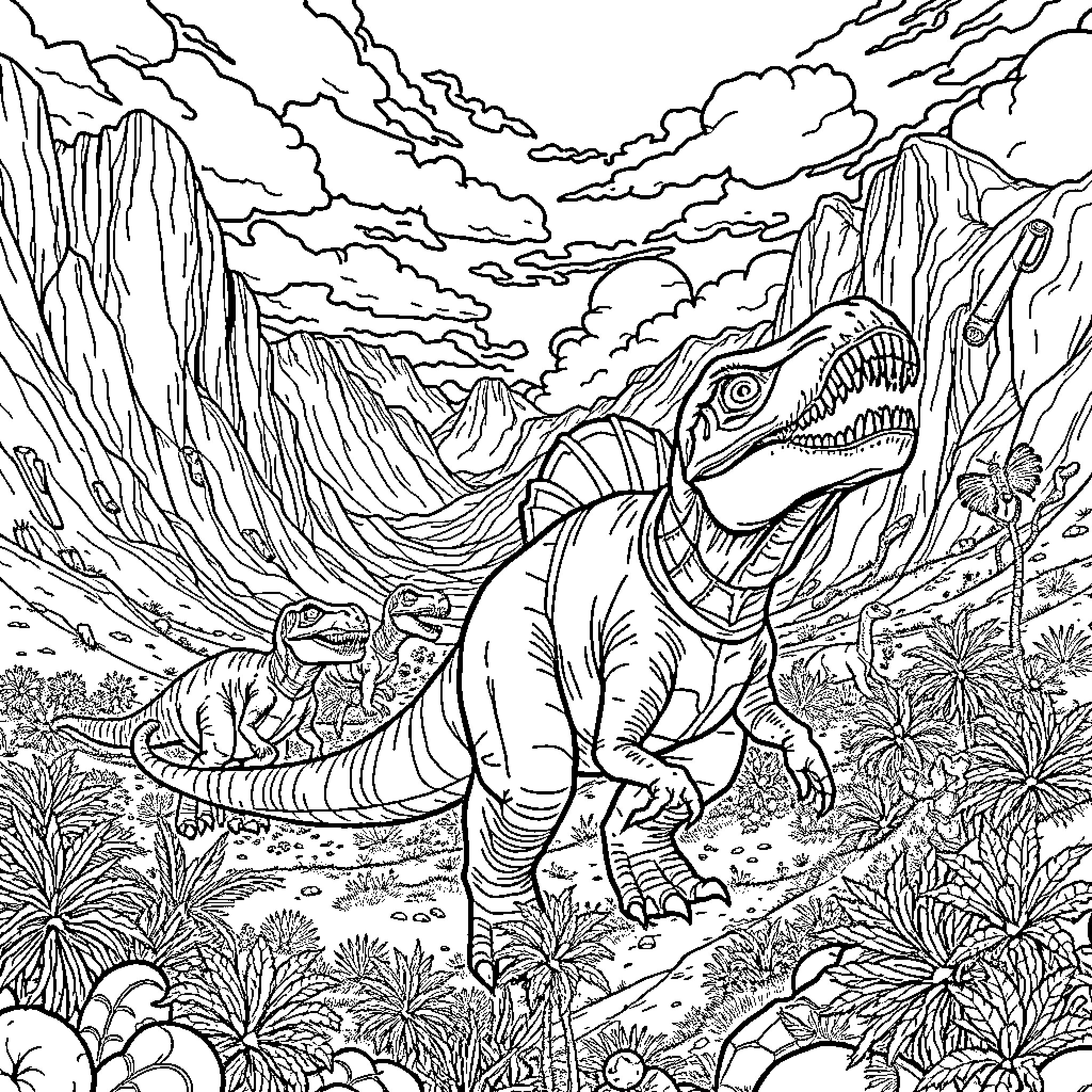 Dinosaur exploring prehistoric landscape Coloring Page (free black-and-white line drawing printable PDF for all, from beginners to advanced learners, including children, teens, adults, and seniors)