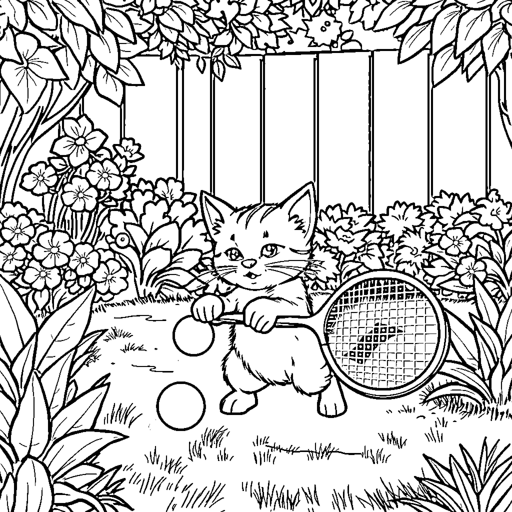 Cat playing with tennis ball in garden Coloring Page (free black-and-white line drawing printable PDF for all, from beginners to advanced learners, including children, teens, adults, and seniors)