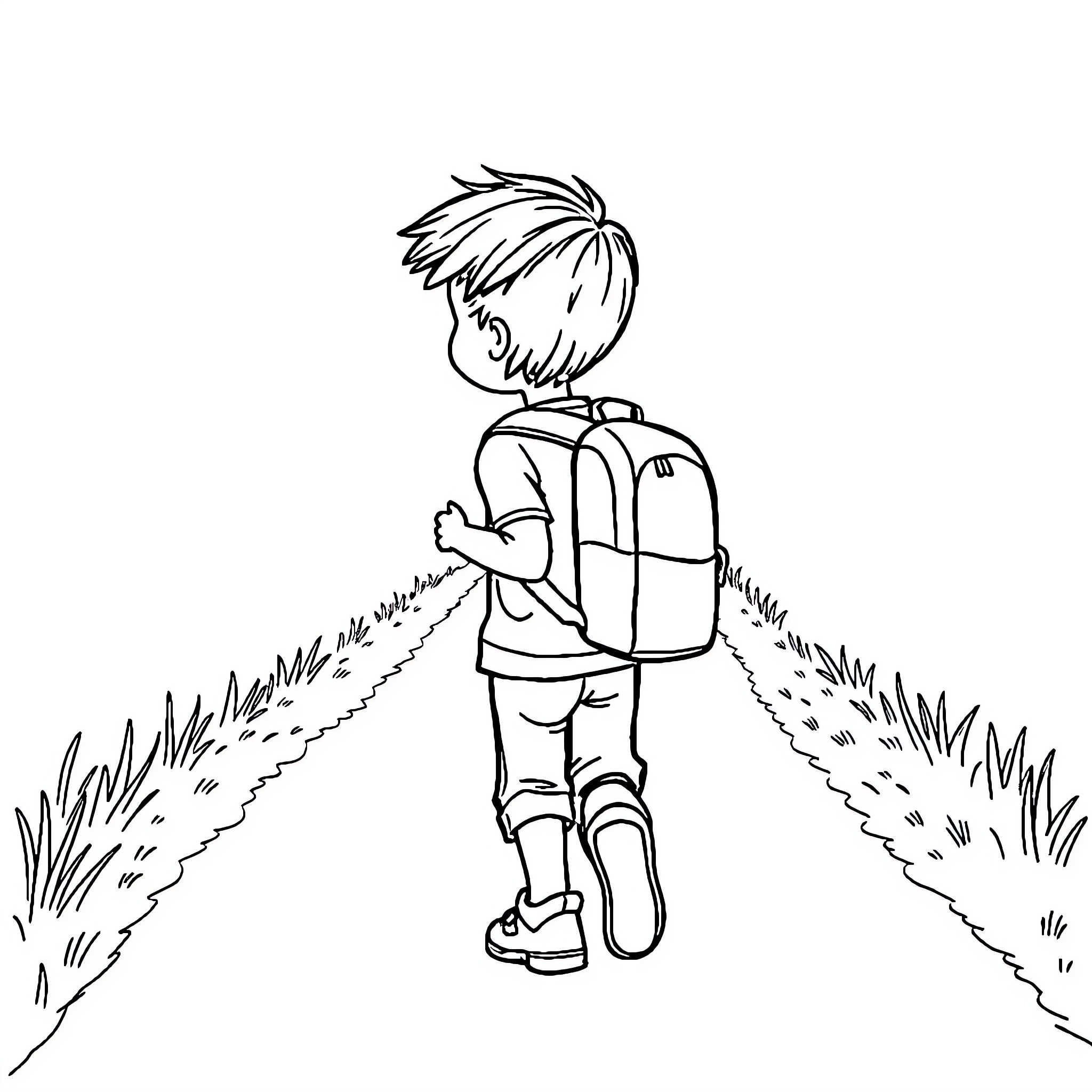 Child walking on a trail in the woods Coloring Page (free black-and-white line drawing printable PDF for all, from beginners to advanced learners, including children, teens, adults, and seniors)