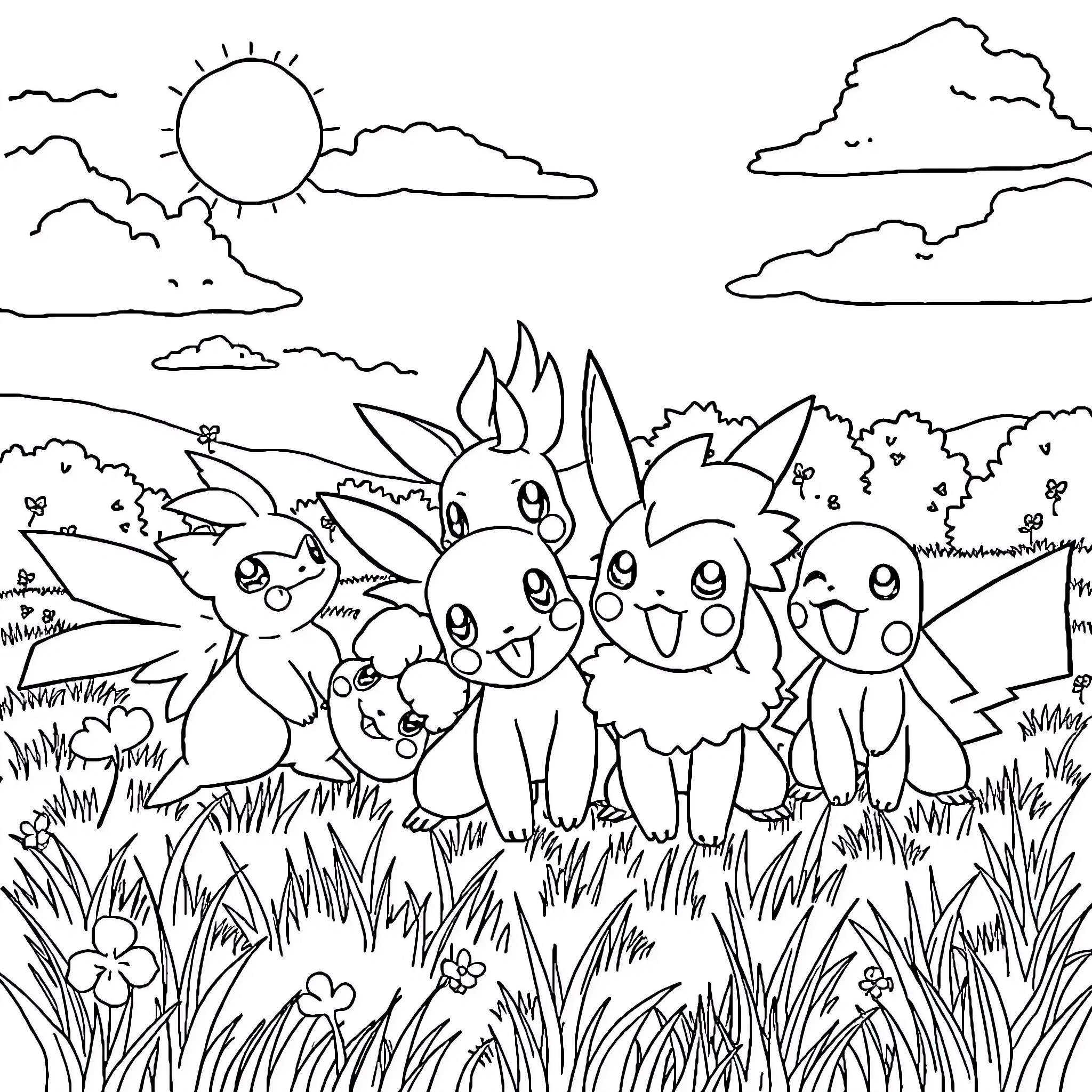 Pokémon enjoying a sunny day in the meadow Coloring Page (free black-and-white line drawing printable PDF for all, from beginners to advanced learners, including children, teens, adults, and seniors)