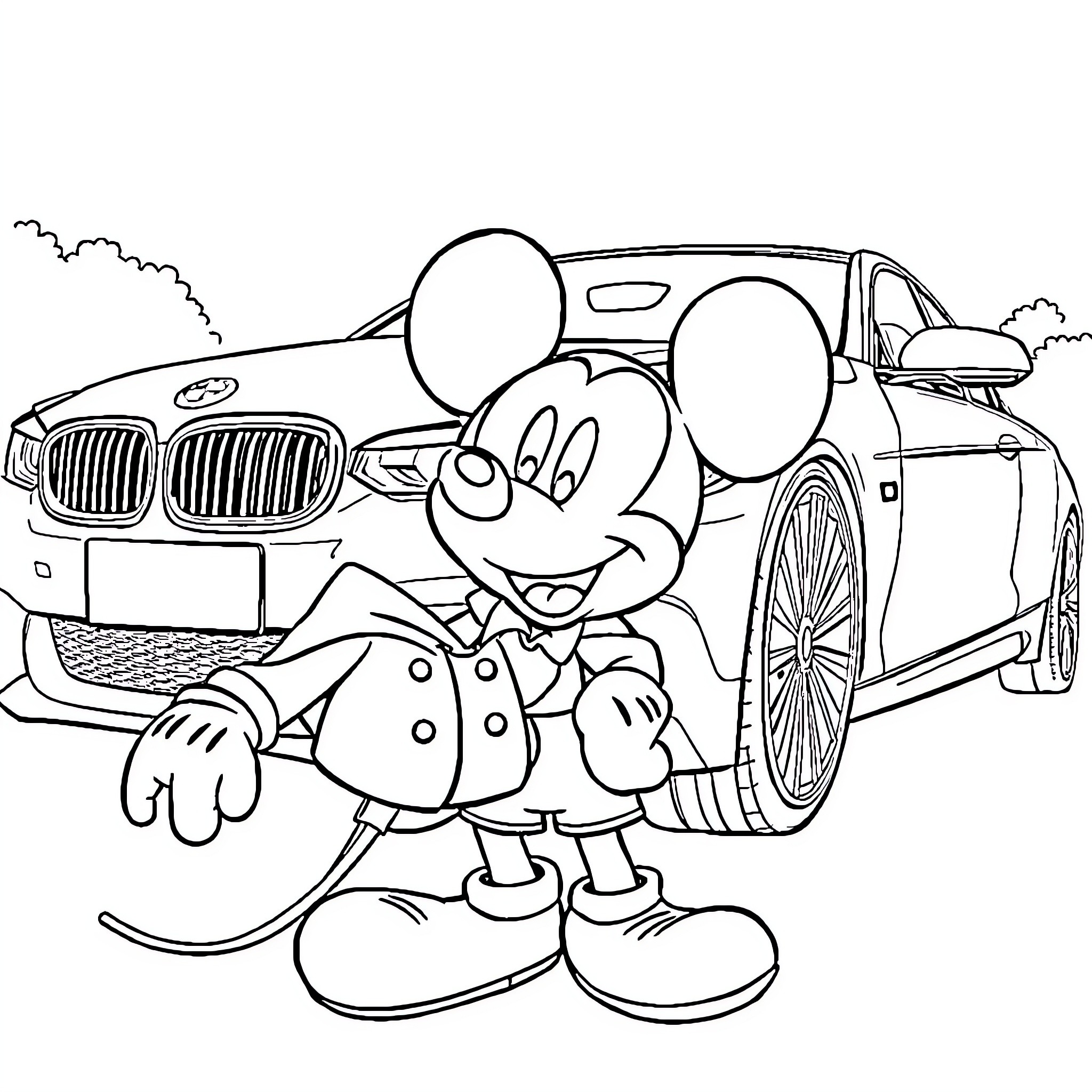 Mickey Enjoying a Ride in Stylish Car Coloring Page (free black-and-white line drawing printable PDF for all, from beginners to advanced learners, including children, teens, adults, and seniors)