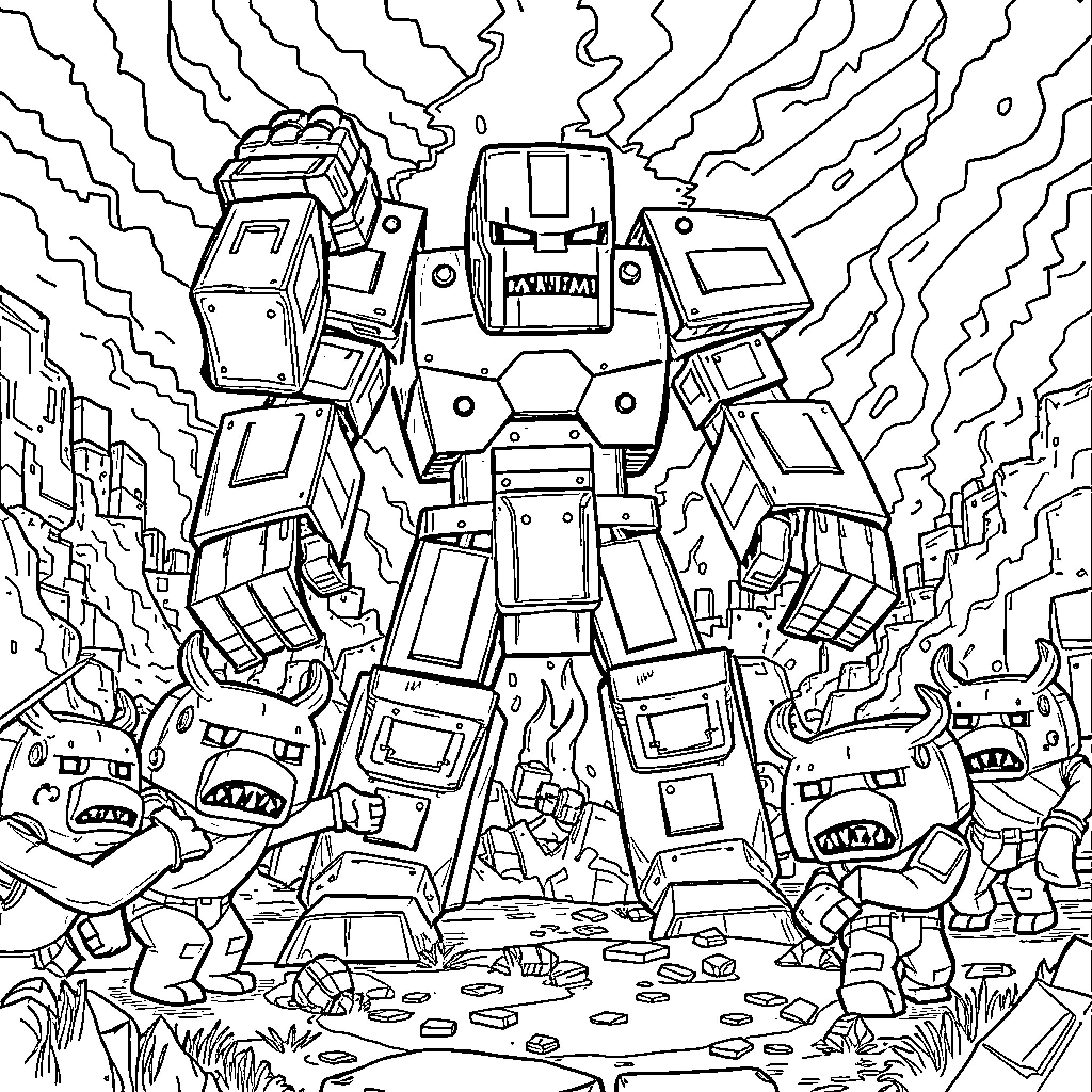 Iron Golem battling enemies in a chaotic scene Coloring Page (free black-and-white line drawing printable PDF for all, from beginners to advanced learners, including children, teens, adults, and seniors)