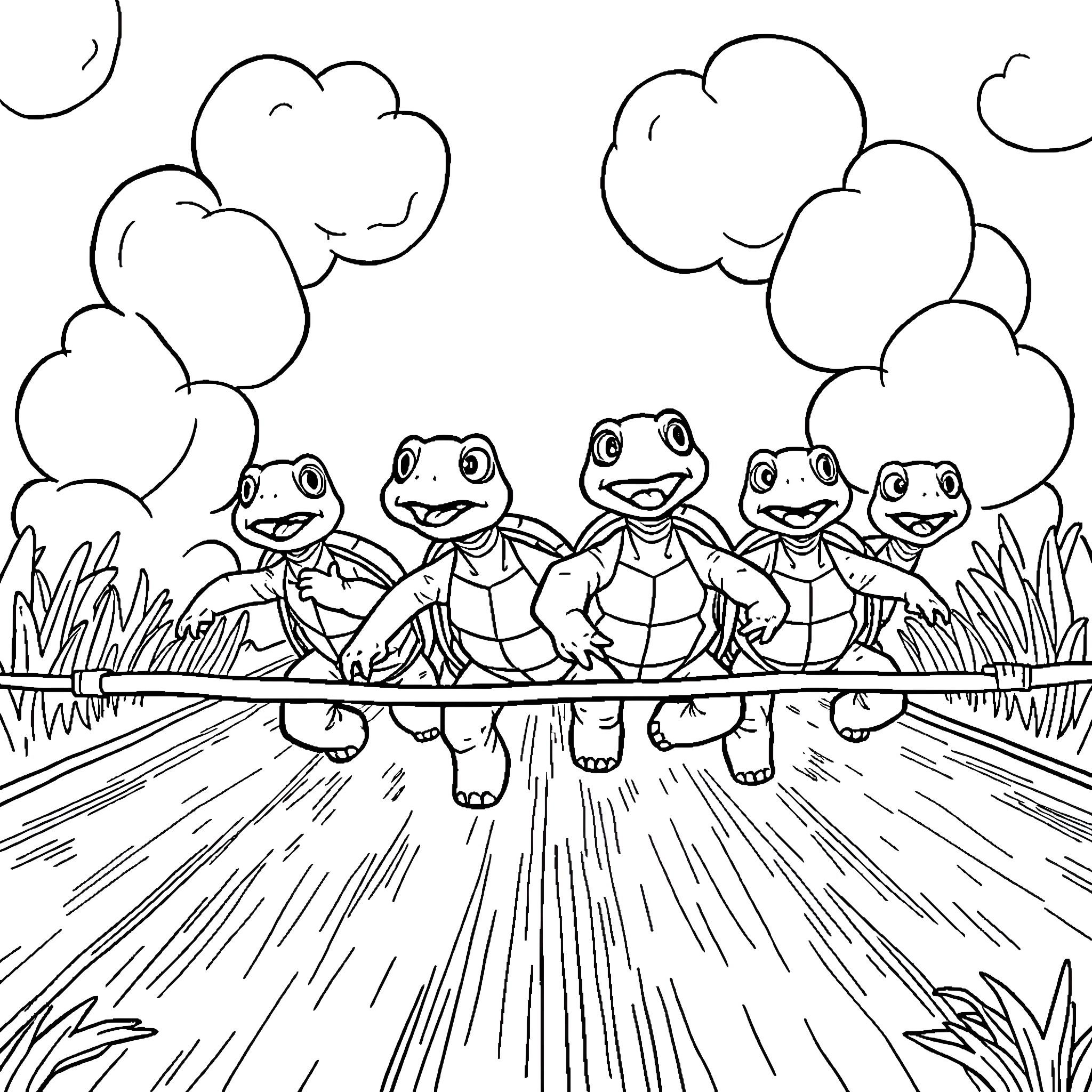 Turtle family enjoying a day in the park Coloring Page (free black-and-white line drawing printable PDF for all, from beginners to advanced learners, including children, teens, adults, and seniors)