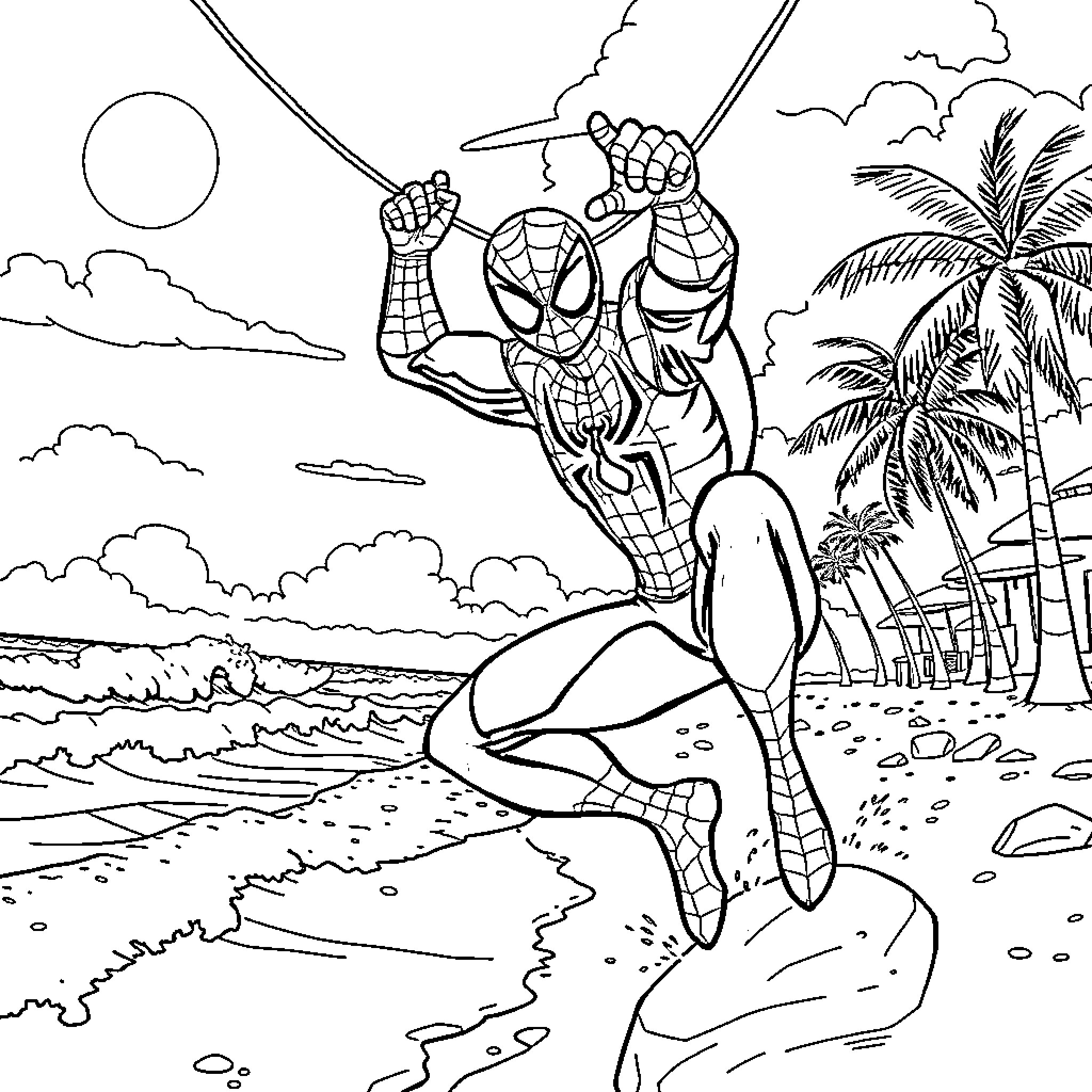 Spider-Man swinging above the beach Coloring Page (free black-and-white line drawing printable PDF for all, from beginners to advanced learners, including children, teens, adults, and seniors)