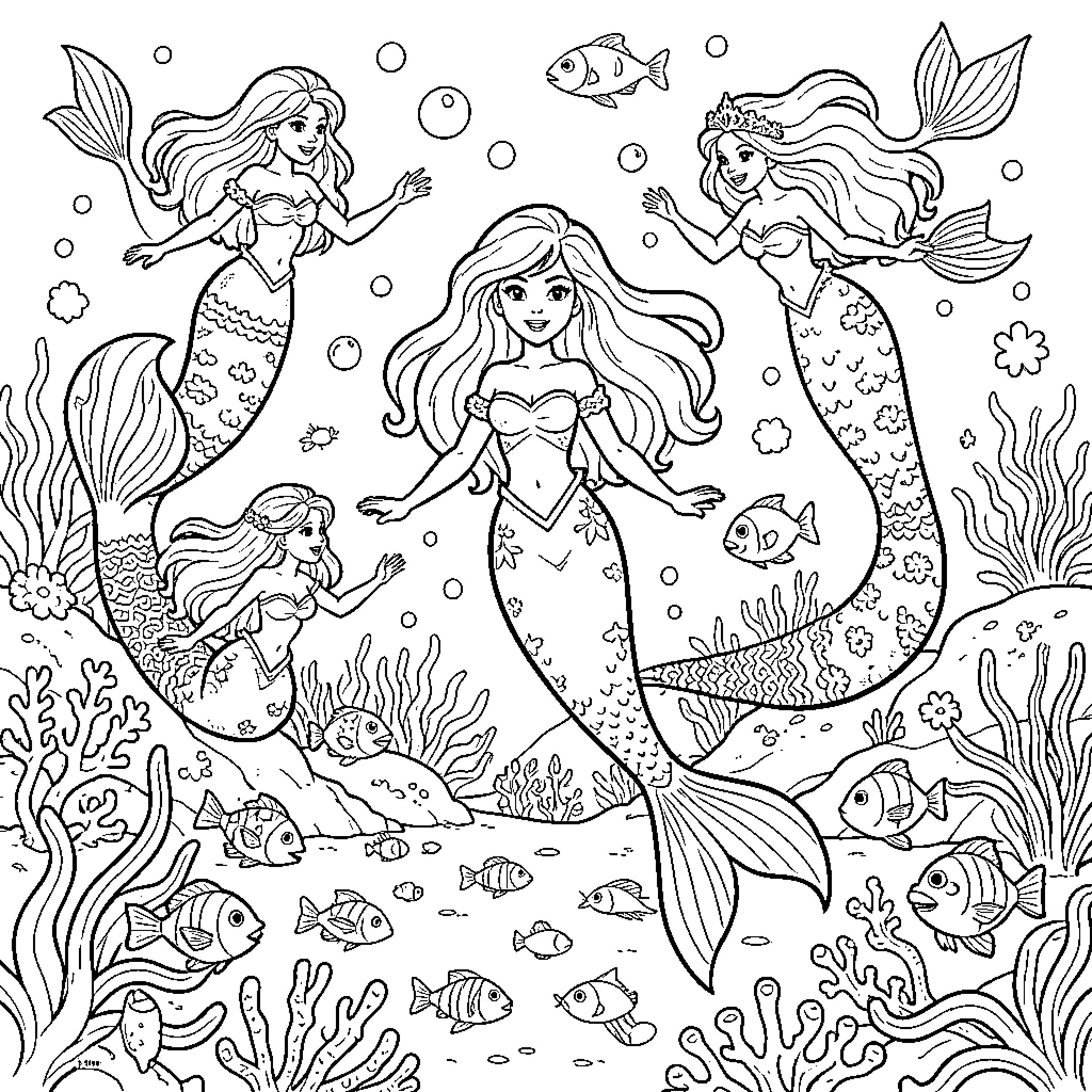 Barbie mermaids swimming joyfully among coral and fish Coloring Page (free black-and-white line drawing printable PDF for all, from beginners to advanced learners, including children, teens, adults, and seniors)
