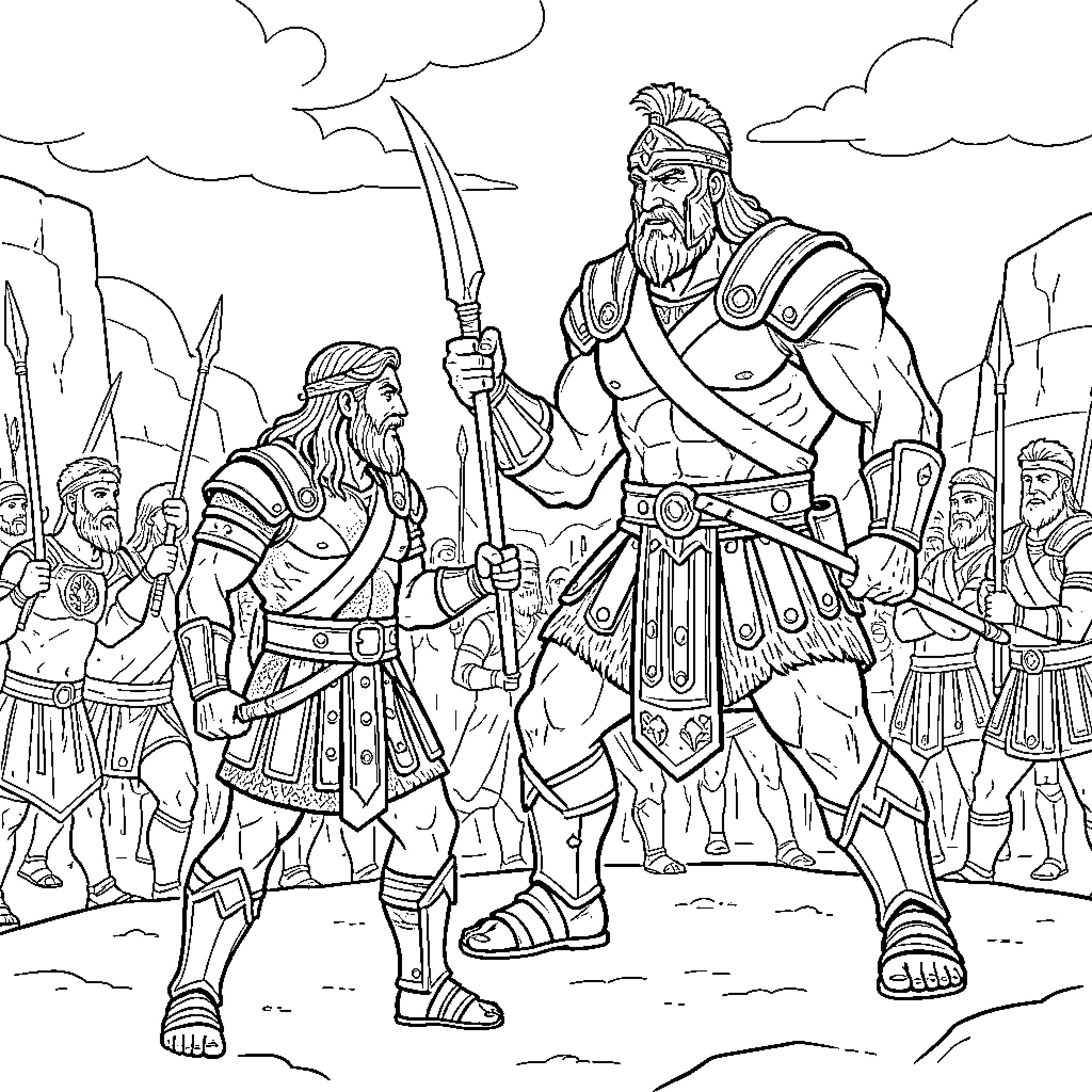 David facing a giant warrior with spears Coloring Page (free black-and-white line drawing printable PDF for all, from beginners to advanced learners, including children, teens, adults, and seniors)