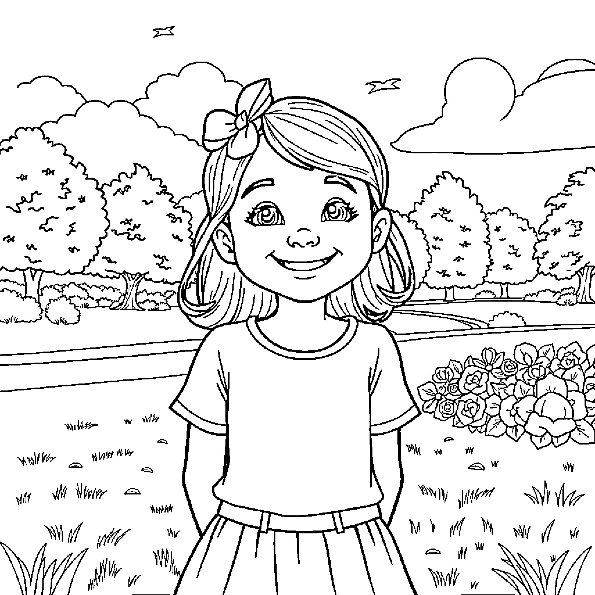 Gianna exploring the enchanted outdoor scene Coloring Page (free black-and-white line drawing printable PDF for all, from beginners to advanced learners, including children, teens, adults, and seniors)