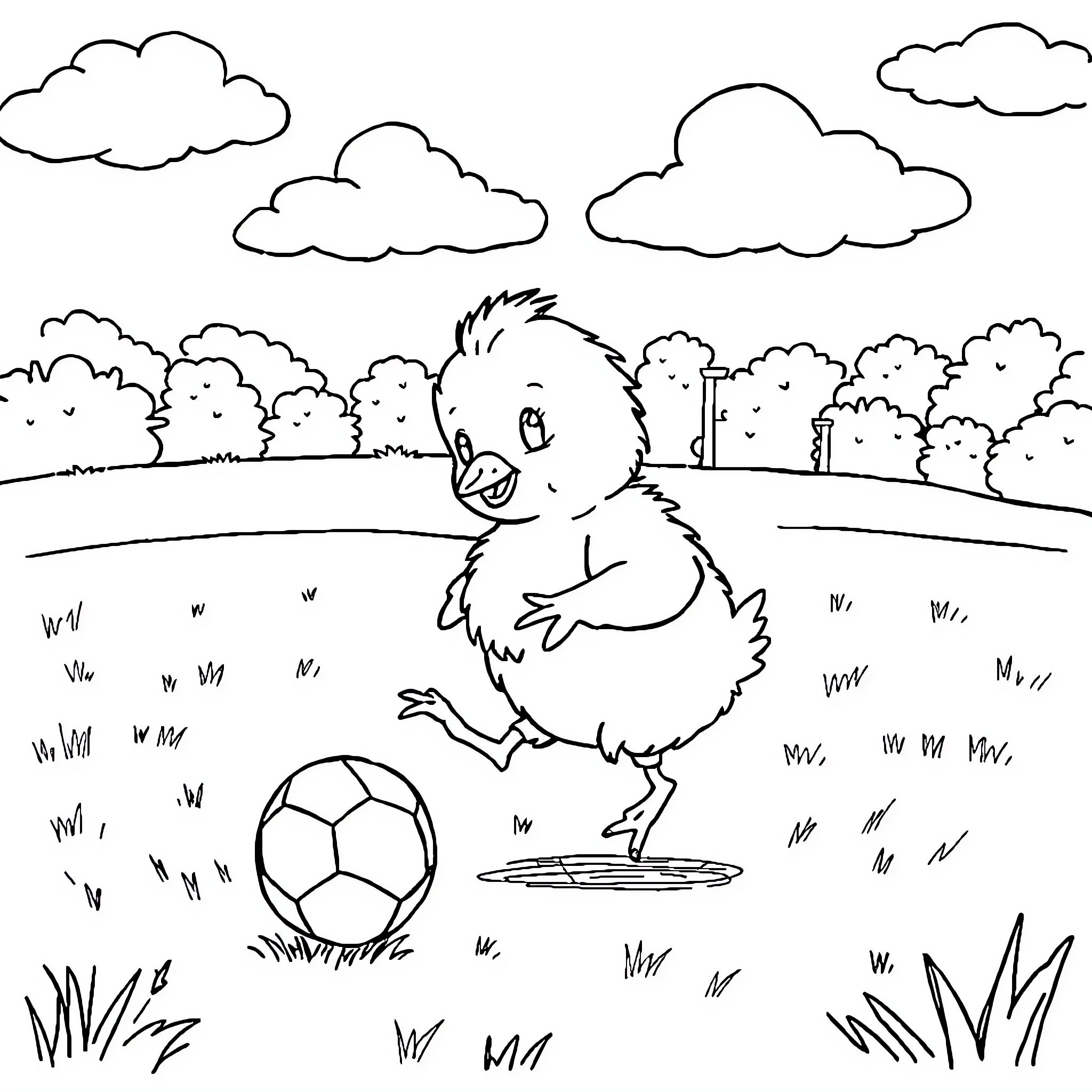 Pollito playing with soccer ball in the park Coloring Page (free black-and-white line drawing printable PDF for all, from beginners to advanced learners, including children, teens, adults, and seniors)
