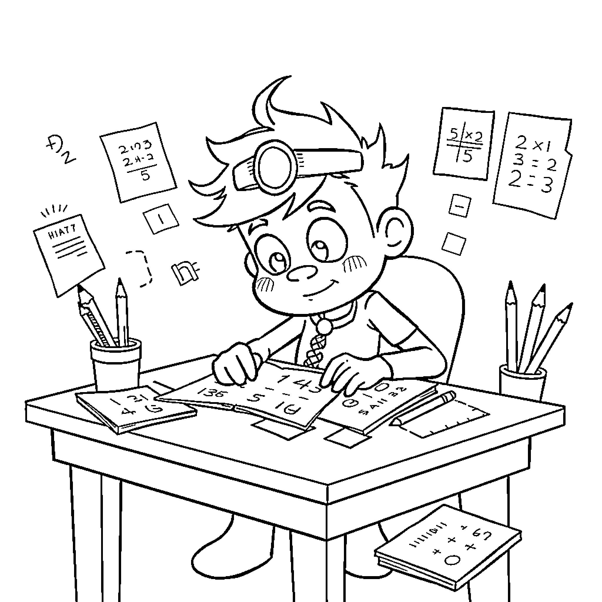 Om Nom Studying Math Enthusiastically Coloring Page (free black-and-white line drawing printable PDF for all, from beginners to advanced learners, including children, teens, adults, and seniors)